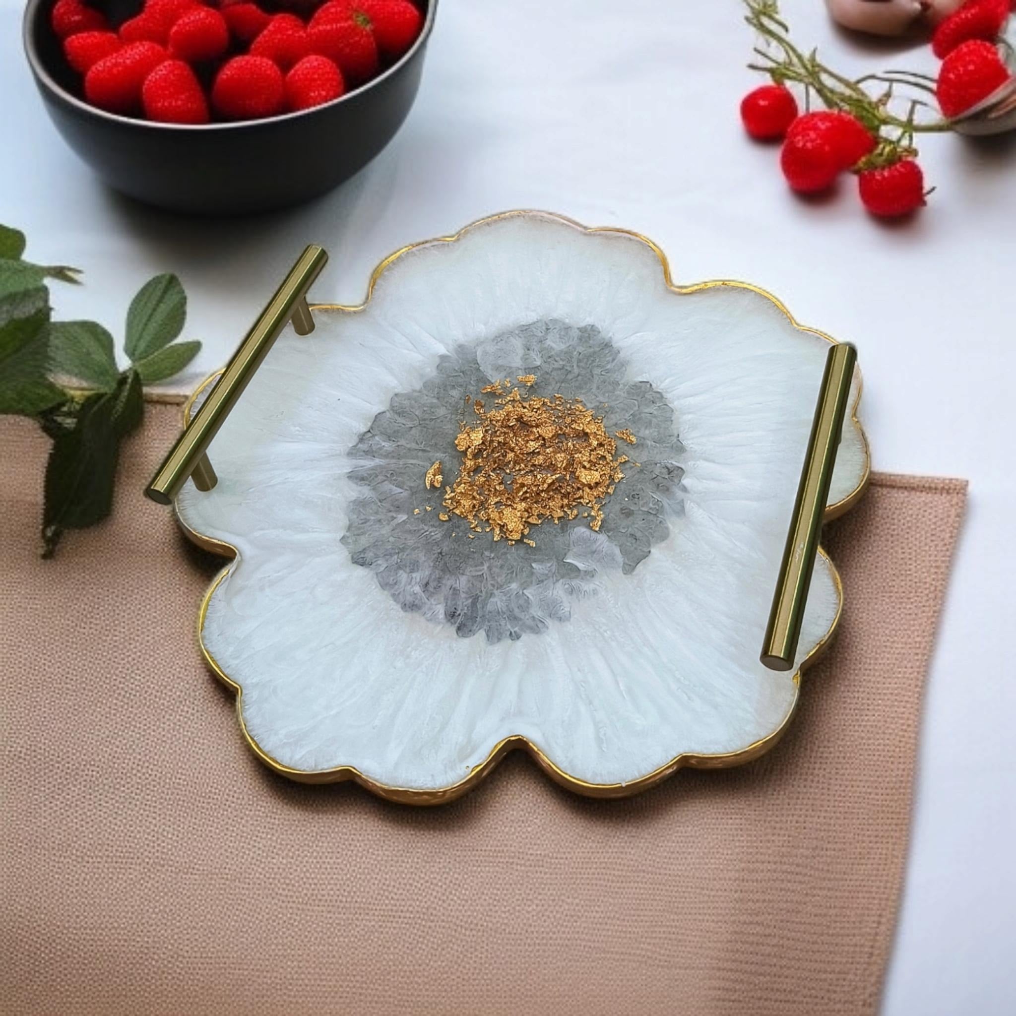 Resin Flower Serving Tray | Gold Flakes Epoxy Tray with Brass Handles | Handmade Decorative Home & Kitchen Tray
