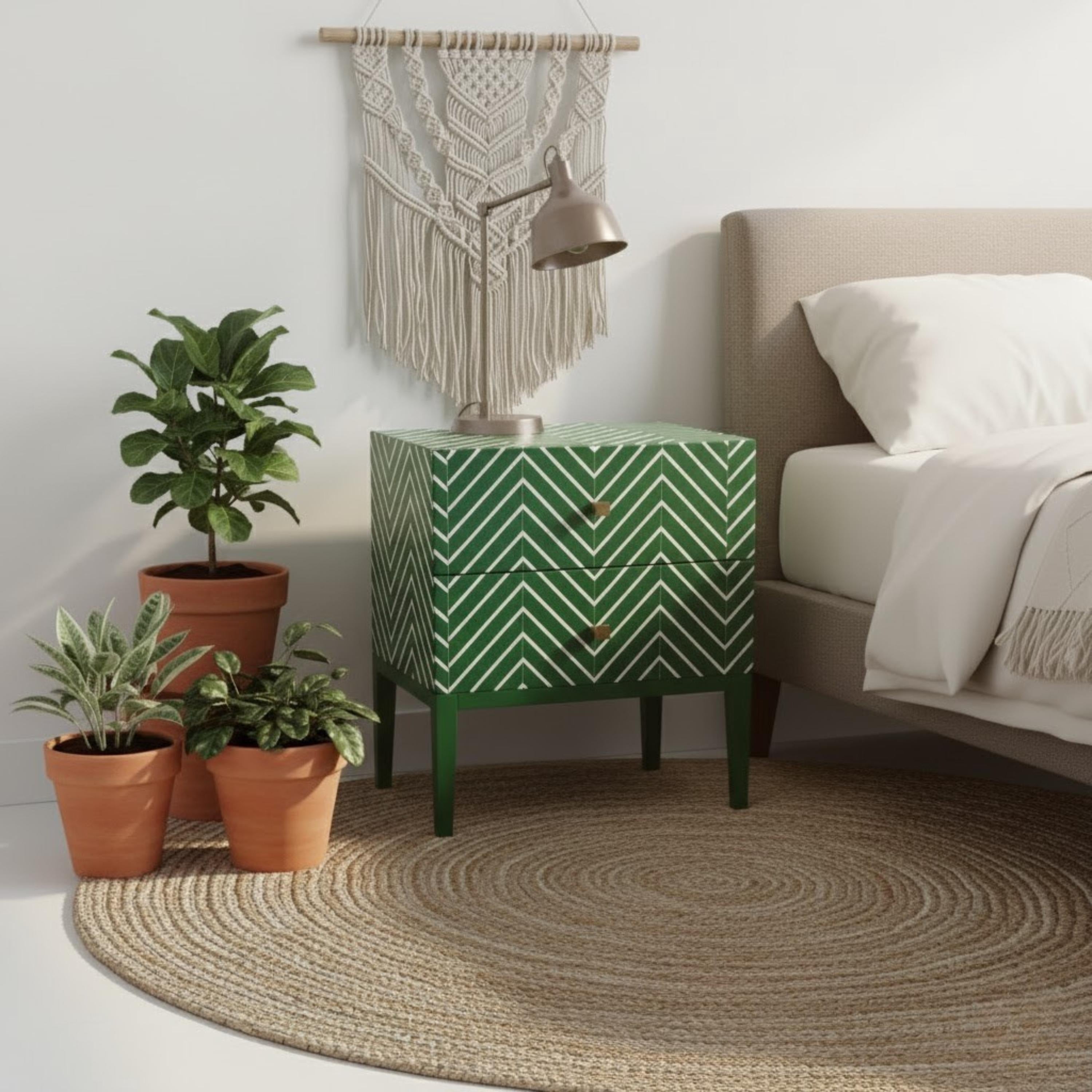Green Bone Inlay Nightstand | Chevron Bedside Table | Handmade Decorative Accent Table for Bedroom & Living Room