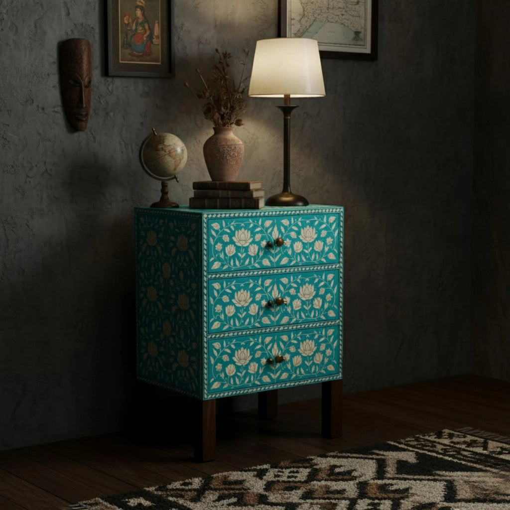 Floral Resin Black Bone Inlay Nightstand | Handmade Bedside Table | Elegant Accent Table for Bedroom & Living Room