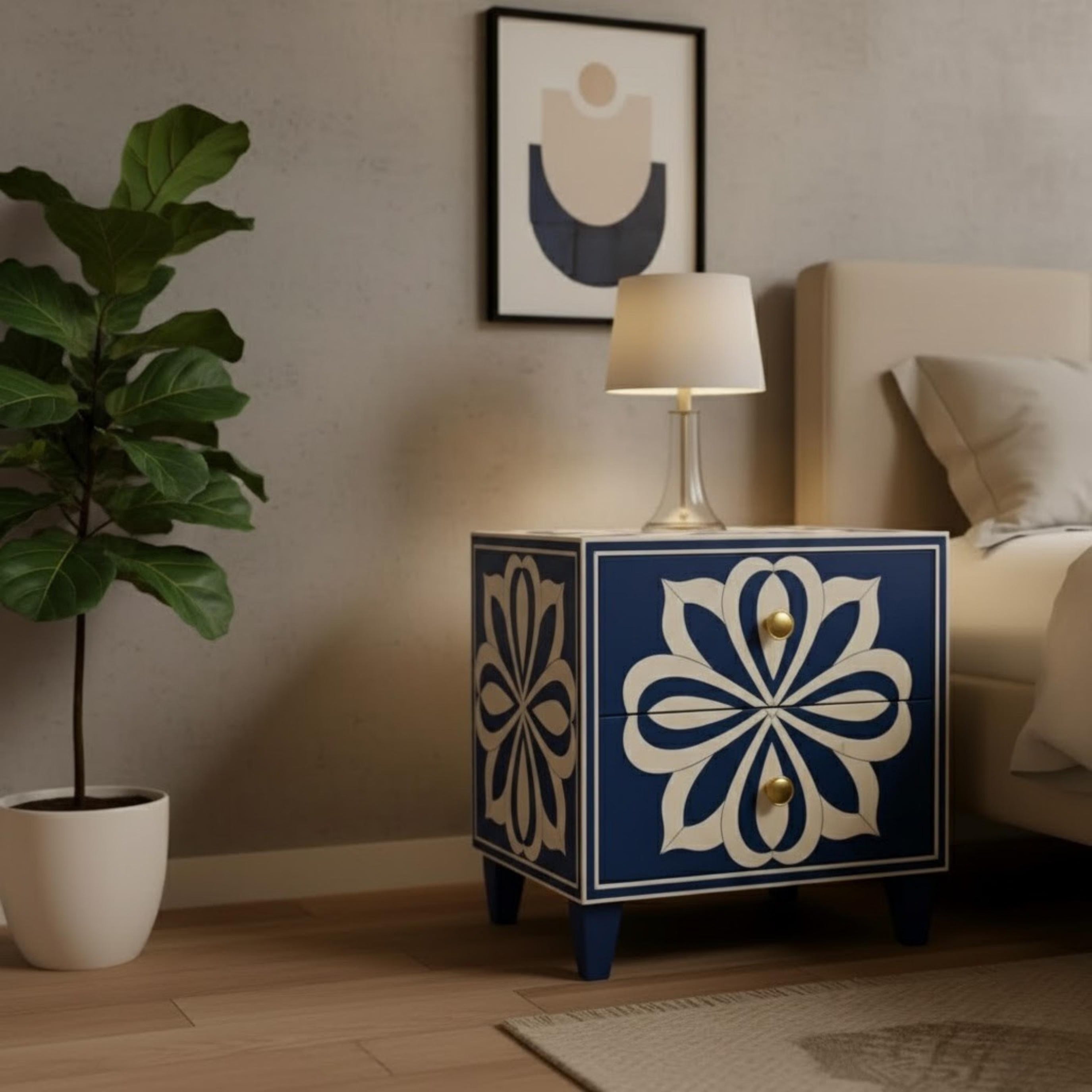 Blue Resin Inlay Bedside Table | Handmade Floral Nightstand | Premium Indian Accent Table for Home Decor