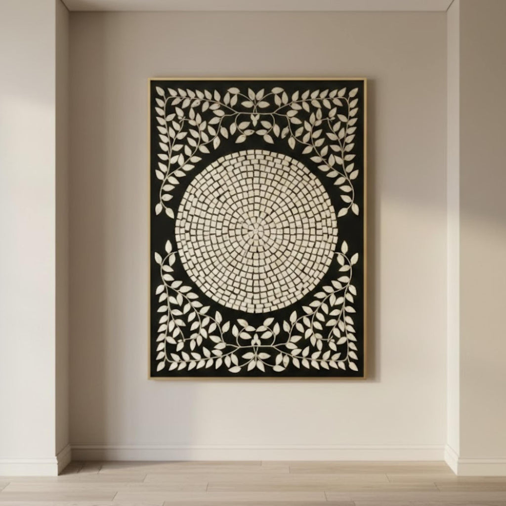 Bone Inlay Black & White Wall Art | Handmade Resin Leaf Mandala Panel for Modern, Boho & Minimalist Home Decoration