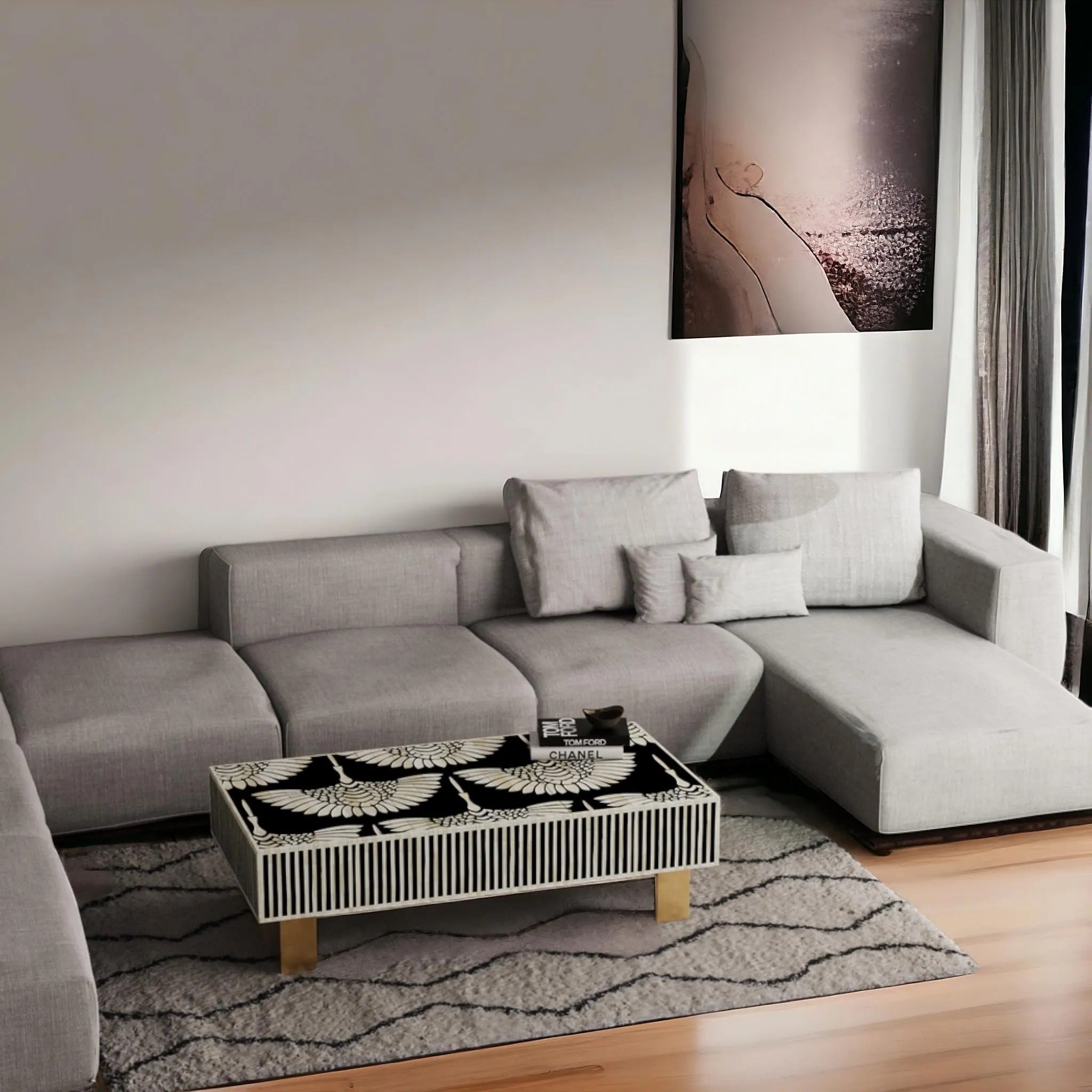 Handmade Resin Inlay Coffee Table | Crane Bird Motif Accent Table for Living Room | Artistic Decorative Resin Inlay Furniture