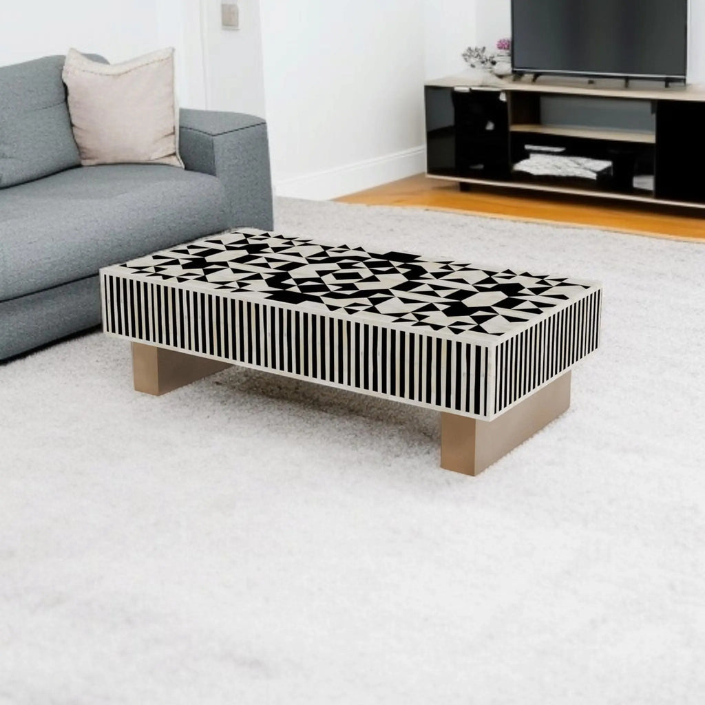 Bone Inlay Center Table with Geometric Resin Design | Handmade Coffee Table for Living Room | Stylish Decorative Inlay Furniture