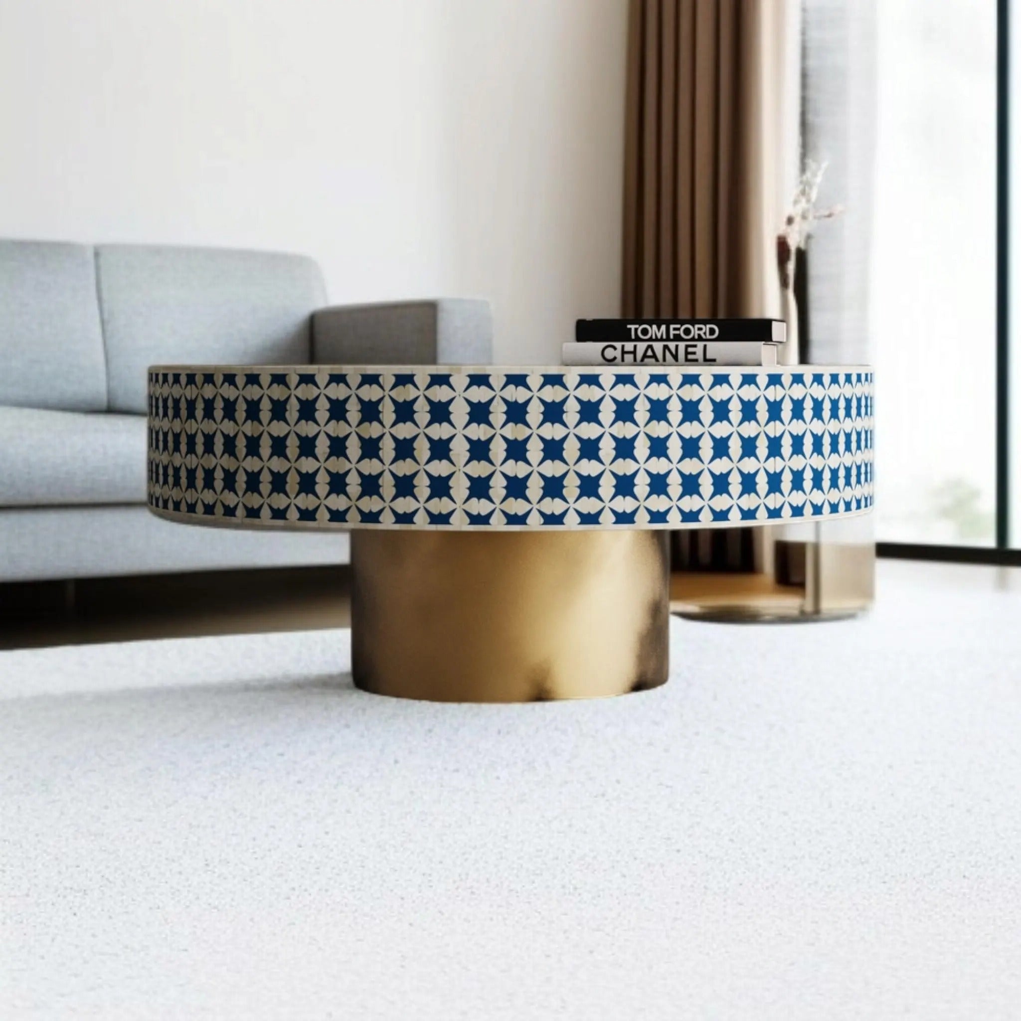 Handmade Bone Inlay Coffee Table | Blue & White Resin Design with Elegant Brass Base | Premium Decorative Center Table