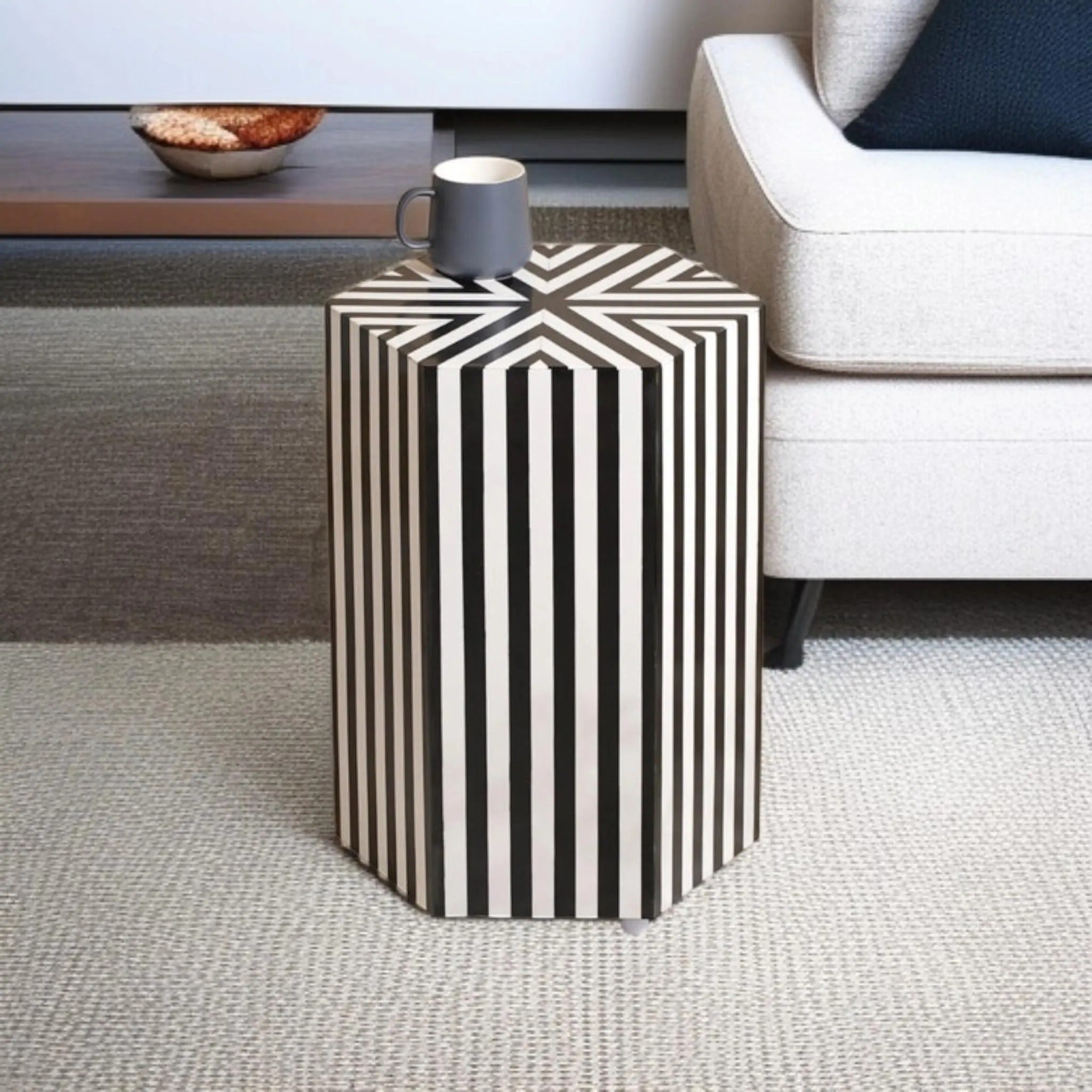 Handmade Resin Inlay End Table | Black & White Striped Accent Table | Stylish Decorative Furniture for Modern Homes
