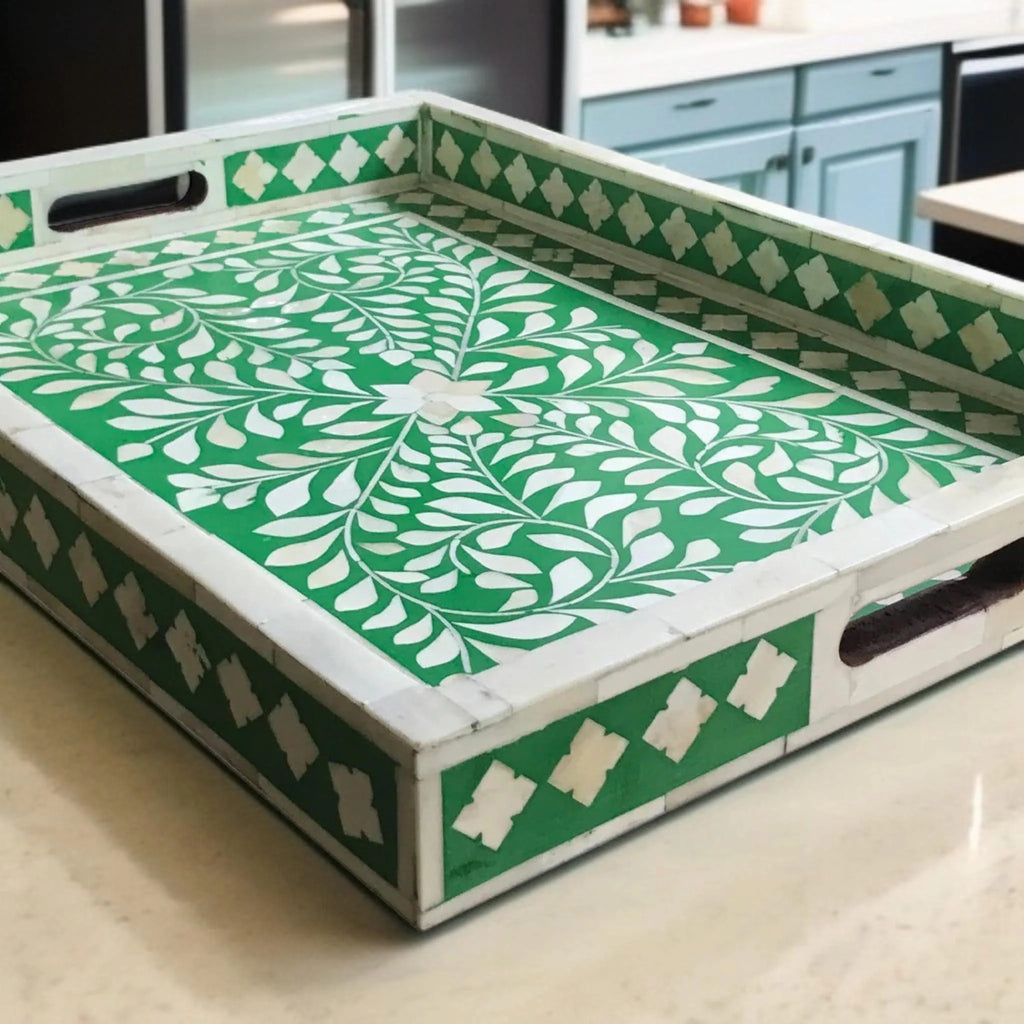 Handmade Black & White Floral Bone Inlay Resin Tray | Stylish Decorative Serving Tray for Home, Kitchen & Living Room