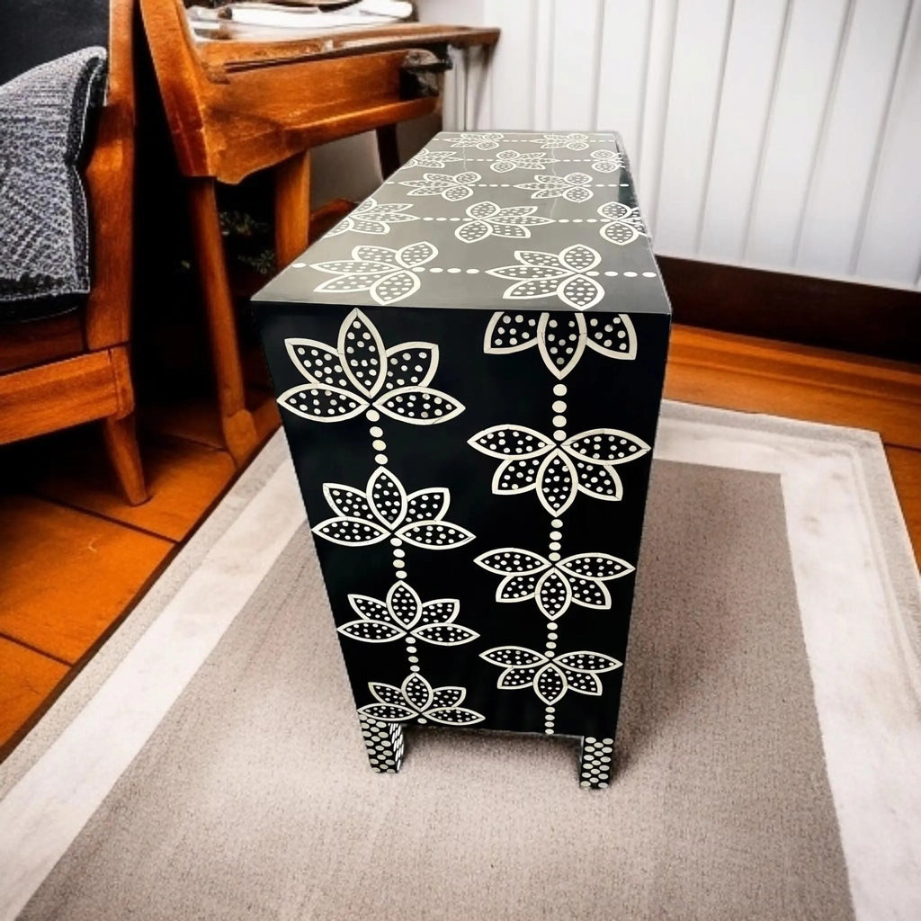 Black Resin Floral Bone Inlay Cabinet | Luxury Sideboard with Gold Legs | Handcrafted Decorative Storage Furniture