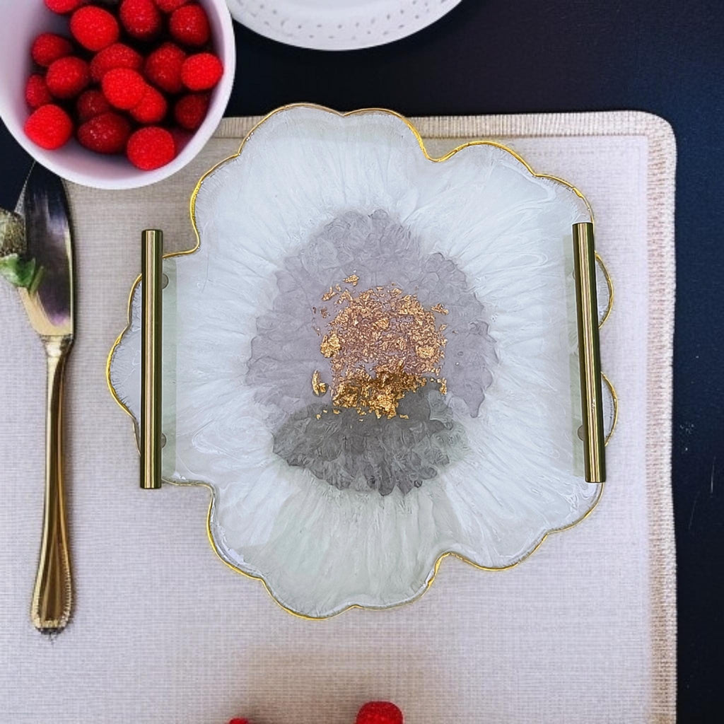 Resin Flower Serving Tray | Gold Flakes Epoxy Tray with Brass Handles | Handmade Decorative Home & Kitchen Tray