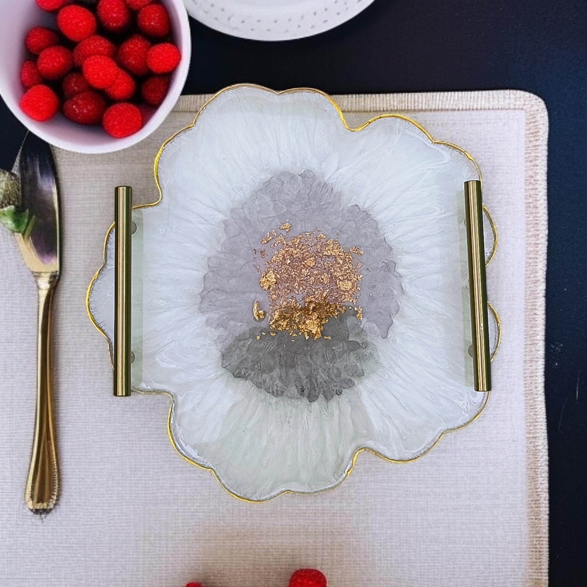 Resin Flower Serving Tray | Gold Flakes Epoxy Tray with Brass Handles | Handmade Decorative Home & Kitchen Tray