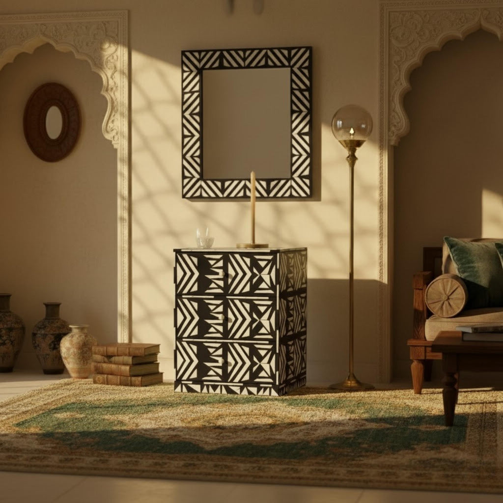 Black & White Tribal Bone Inlay Nightstand | Handmade Bedside Table | Elegant Accent Table for Bedroom & Living Room