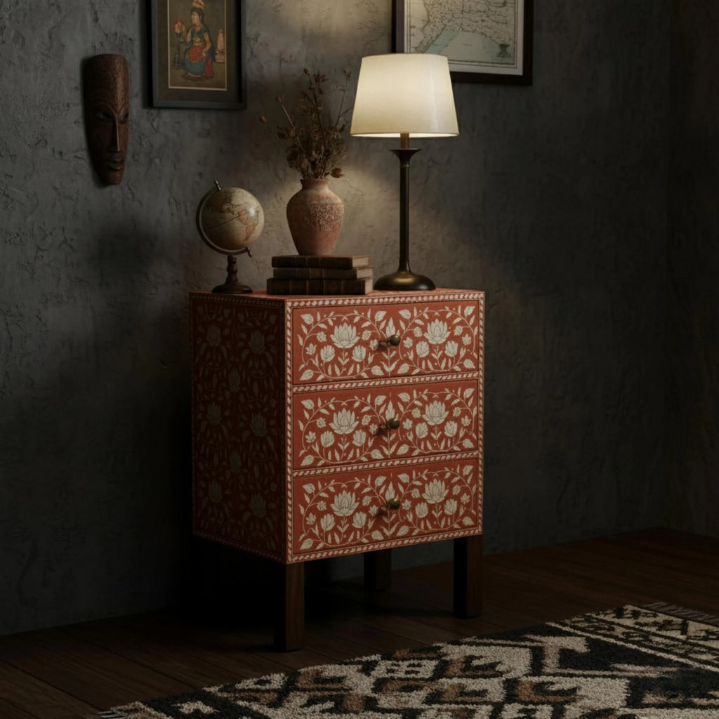 Floral Resin Black Bone Inlay Nightstand | Handmade Bedside Table | Elegant Accent Table for Bedroom & Living Room