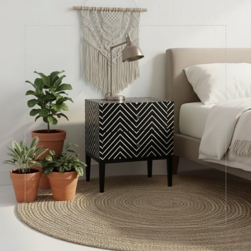 Green Bone Inlay Nightstand | Chevron Bedside Table | Handmade Decorative Accent Table for Bedroom & Living Room
