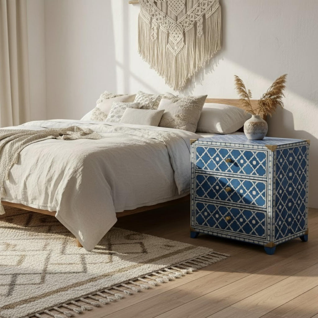 Blue Bone Inlay Nightstand | Moroccan Quatrefoil Bedside Table | Handmade Decorative Accent Table for Bedroom & Living Room