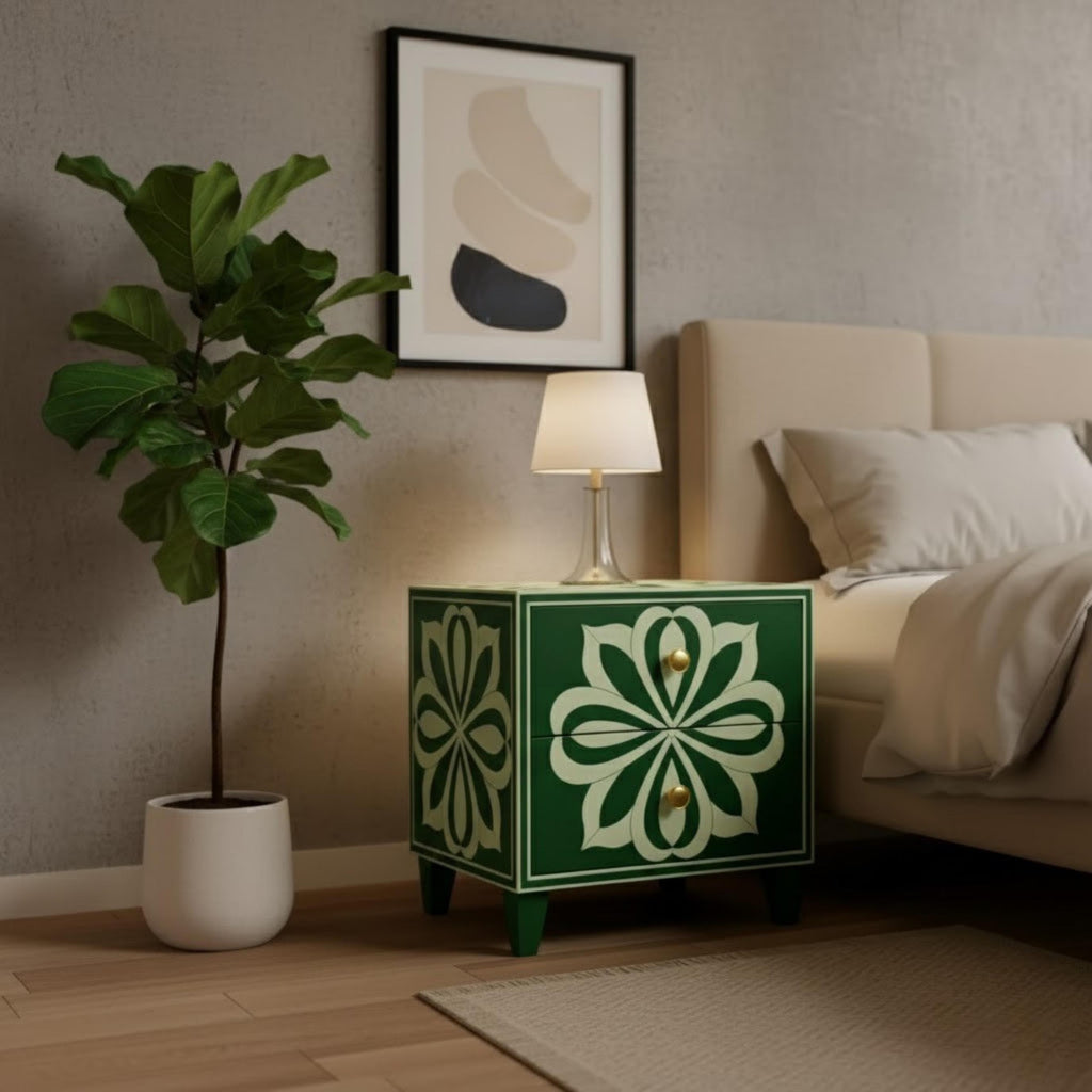 Blue Resin Inlay Bedside Table | Handmade Floral Nightstand | Premium Indian Accent Table for Home Decor