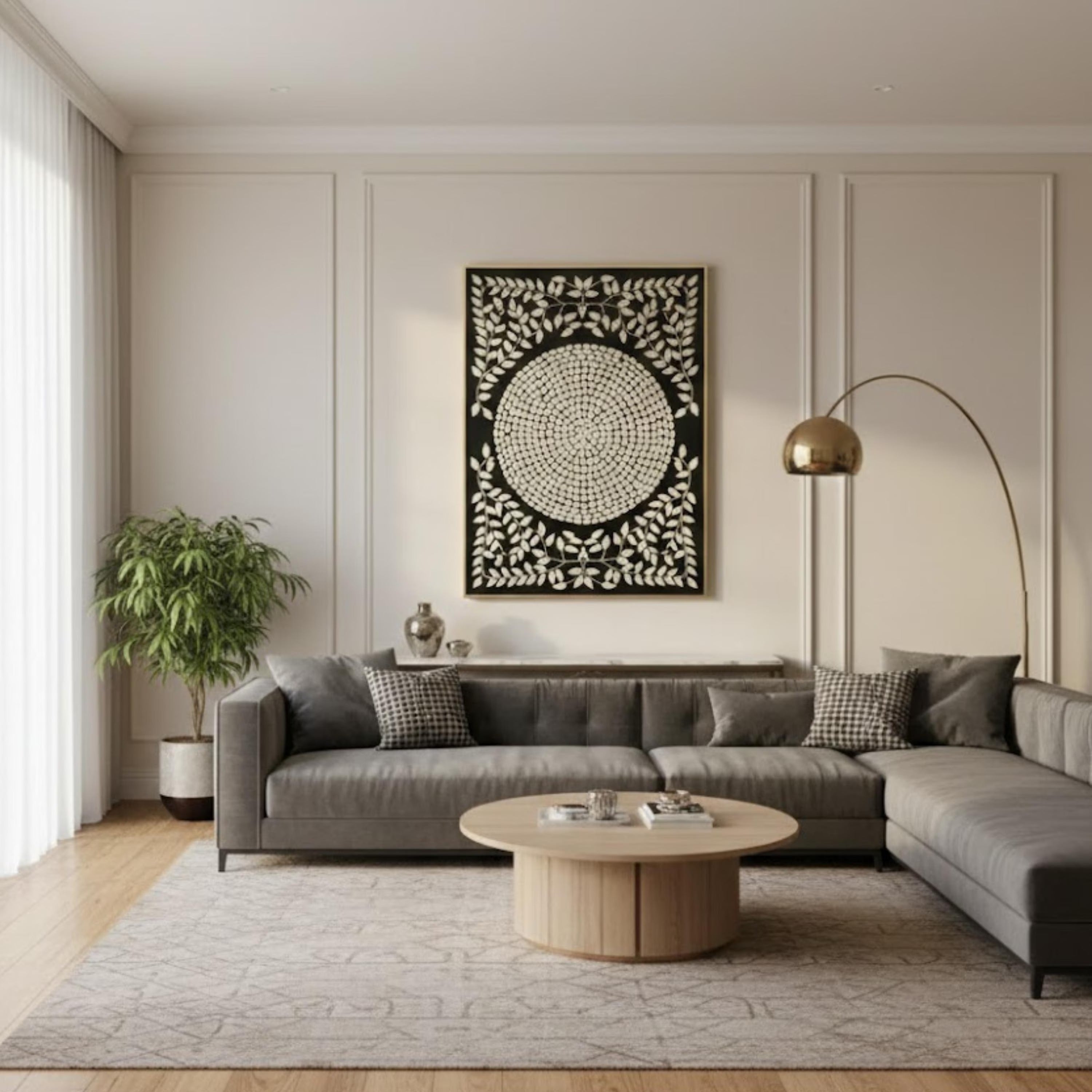 Bone Inlay Black & White Wall Art | Handmade Resin Leaf Mandala Panel for Modern, Boho & Minimalist Home Decoration