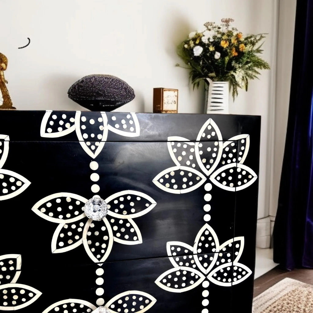 Black Resin Floral Bone Inlay Cabinet | Luxury Sideboard with Gold Legs | Handcrafted Decorative Storage Furniture