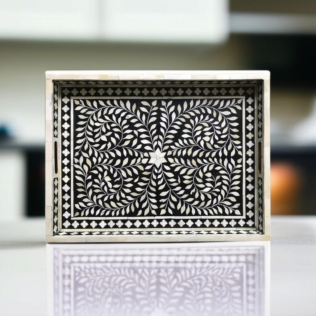 Handmade Black & White Floral Bone Inlay Resin Tray | Stylish Decorative Serving Tray for Home, Kitchen & Living Room