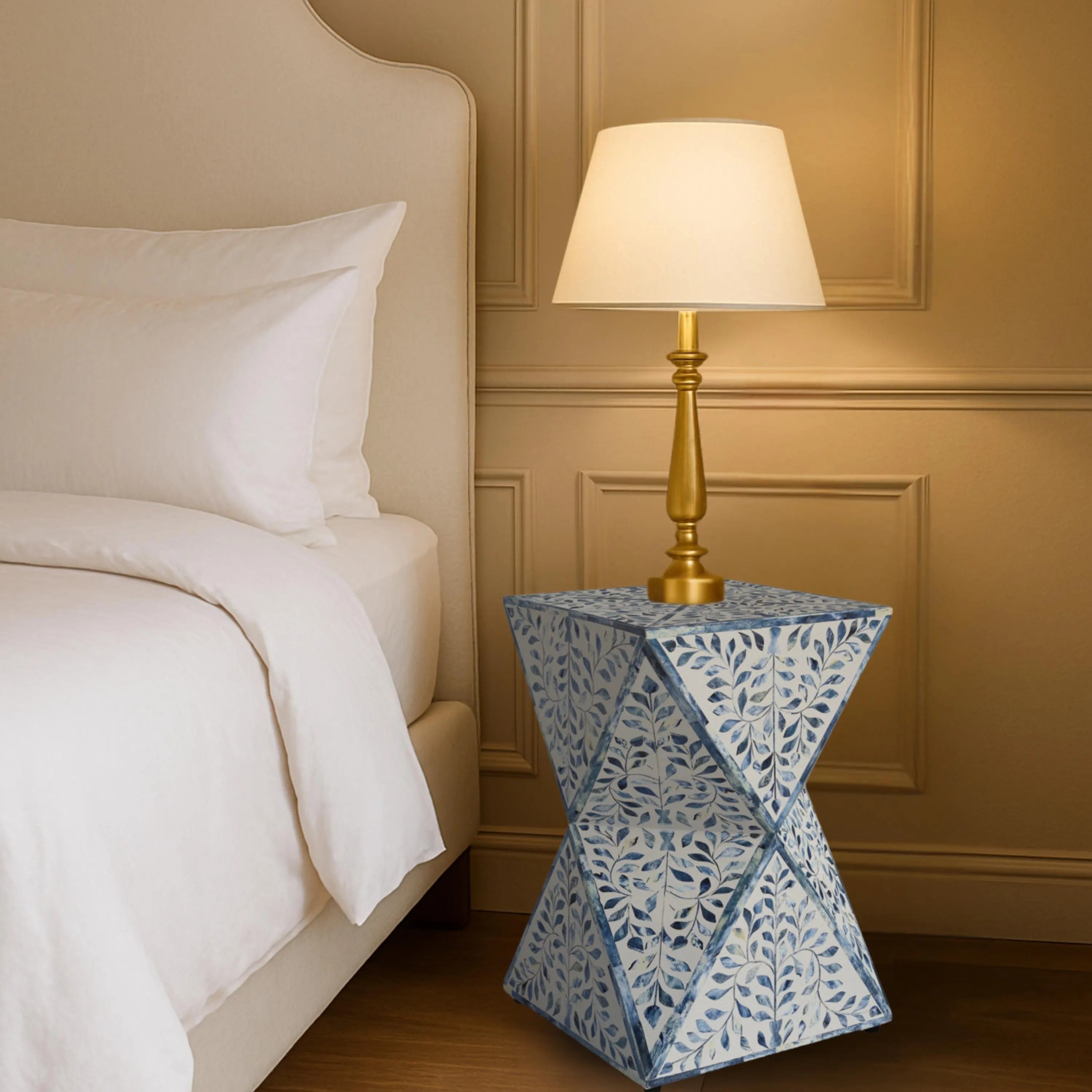 Blue Bone Inlay End Table | Floral Resin Accent Table | Handmade Decorative Side Table for Living Room & Bedroom