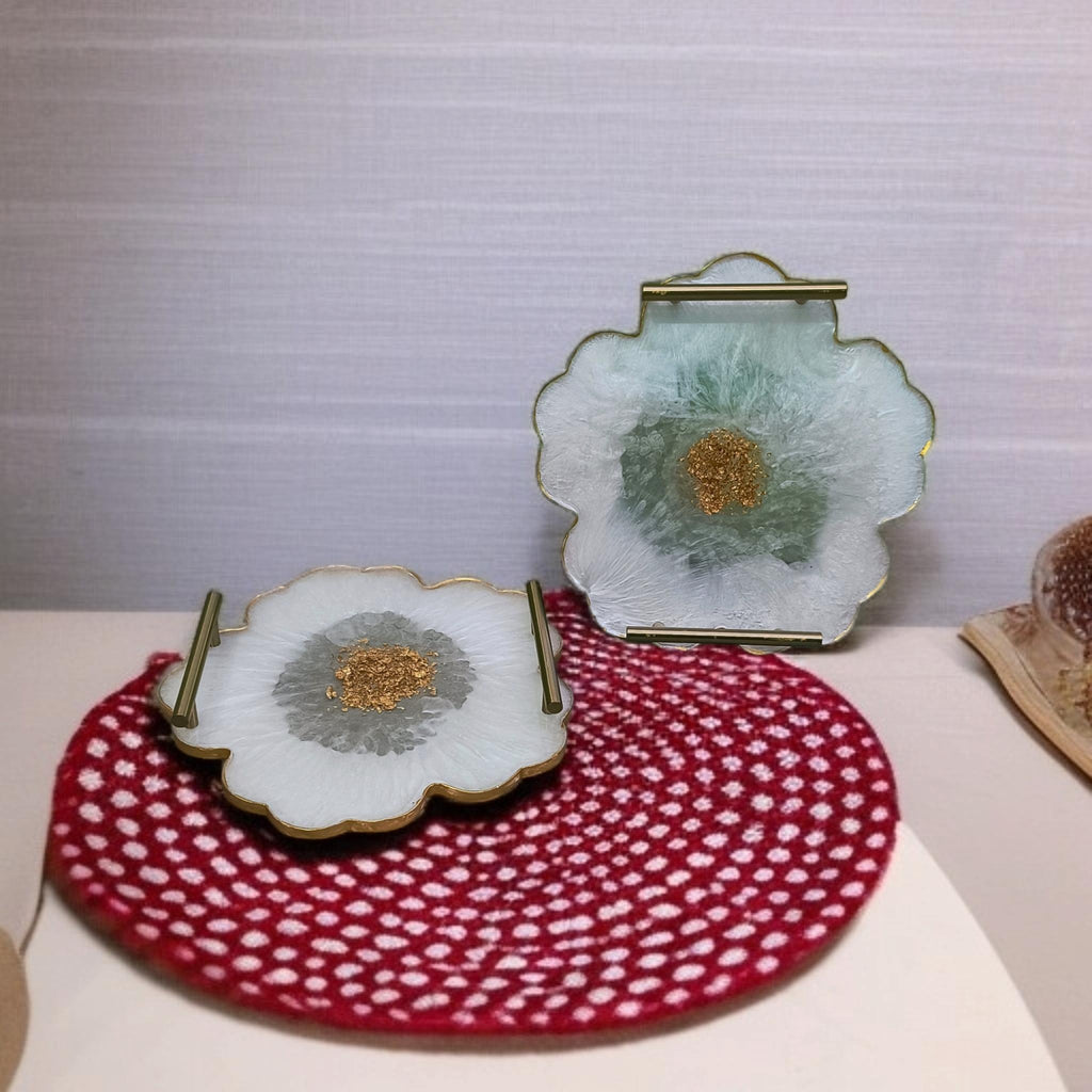 Resin Flower Serving Tray | Gold Flakes Epoxy Tray with Brass Handles | Handmade Decorative Home & Kitchen Tray