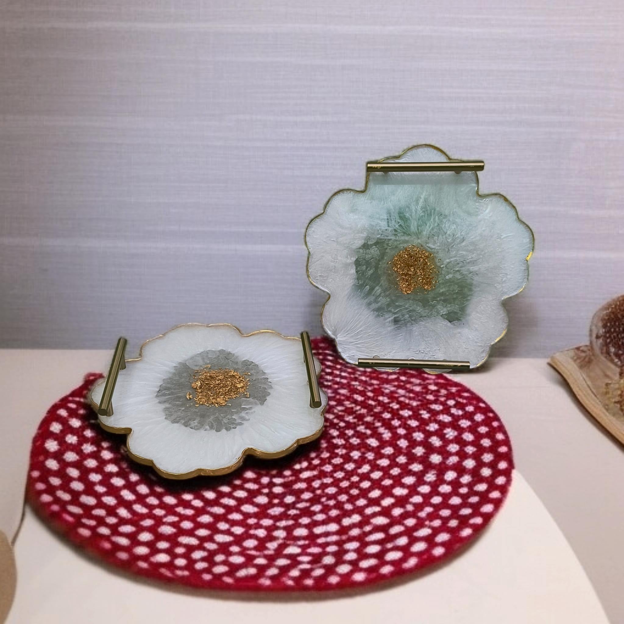 Resin Flower Serving Tray | Gold Flakes Epoxy Tray with Brass Handles | Handmade Decorative Home & Kitchen Tray