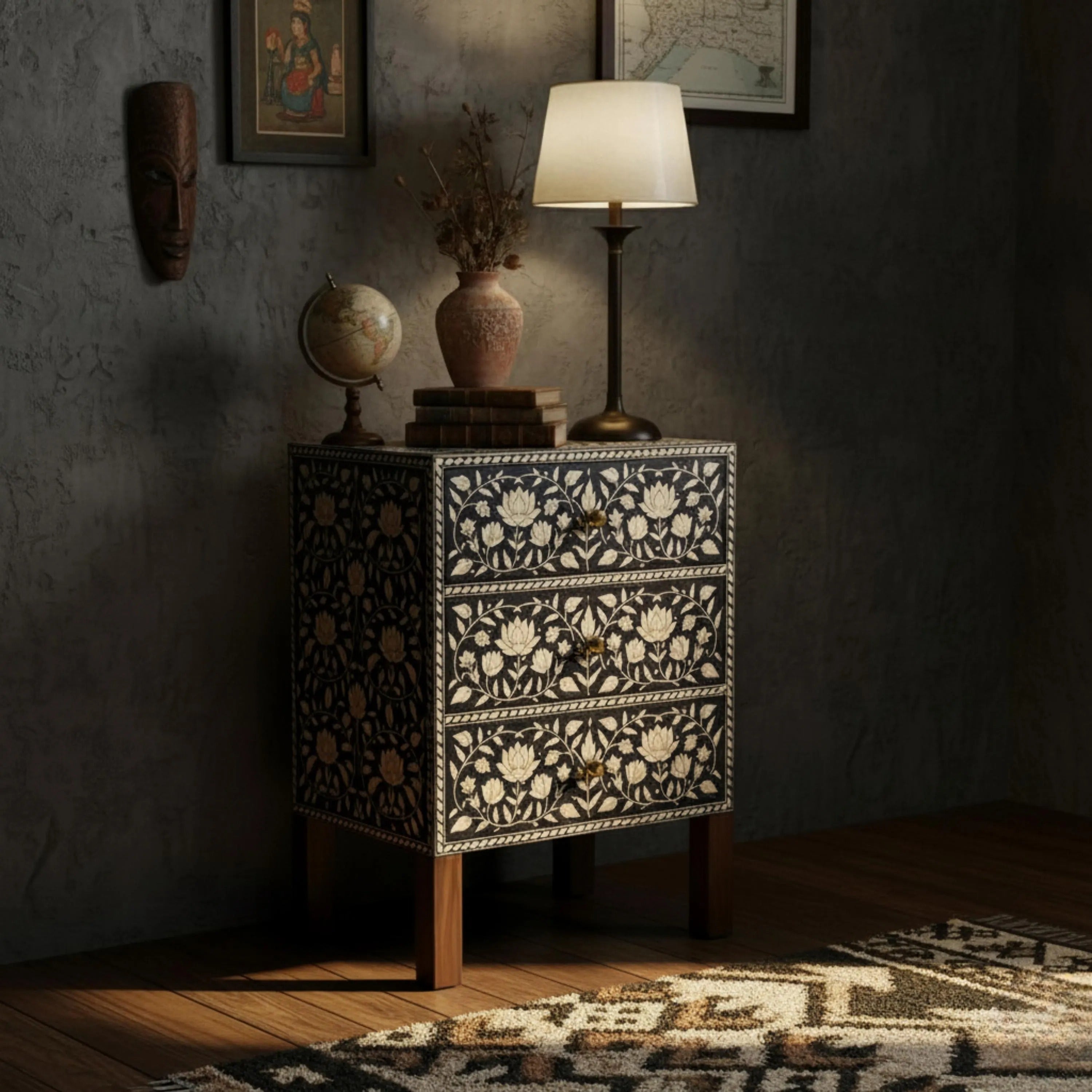 Floral Resin Black Bone Inlay Nightstand | Handmade Bedside Table | Elegant Accent Table for Bedroom & Living Room