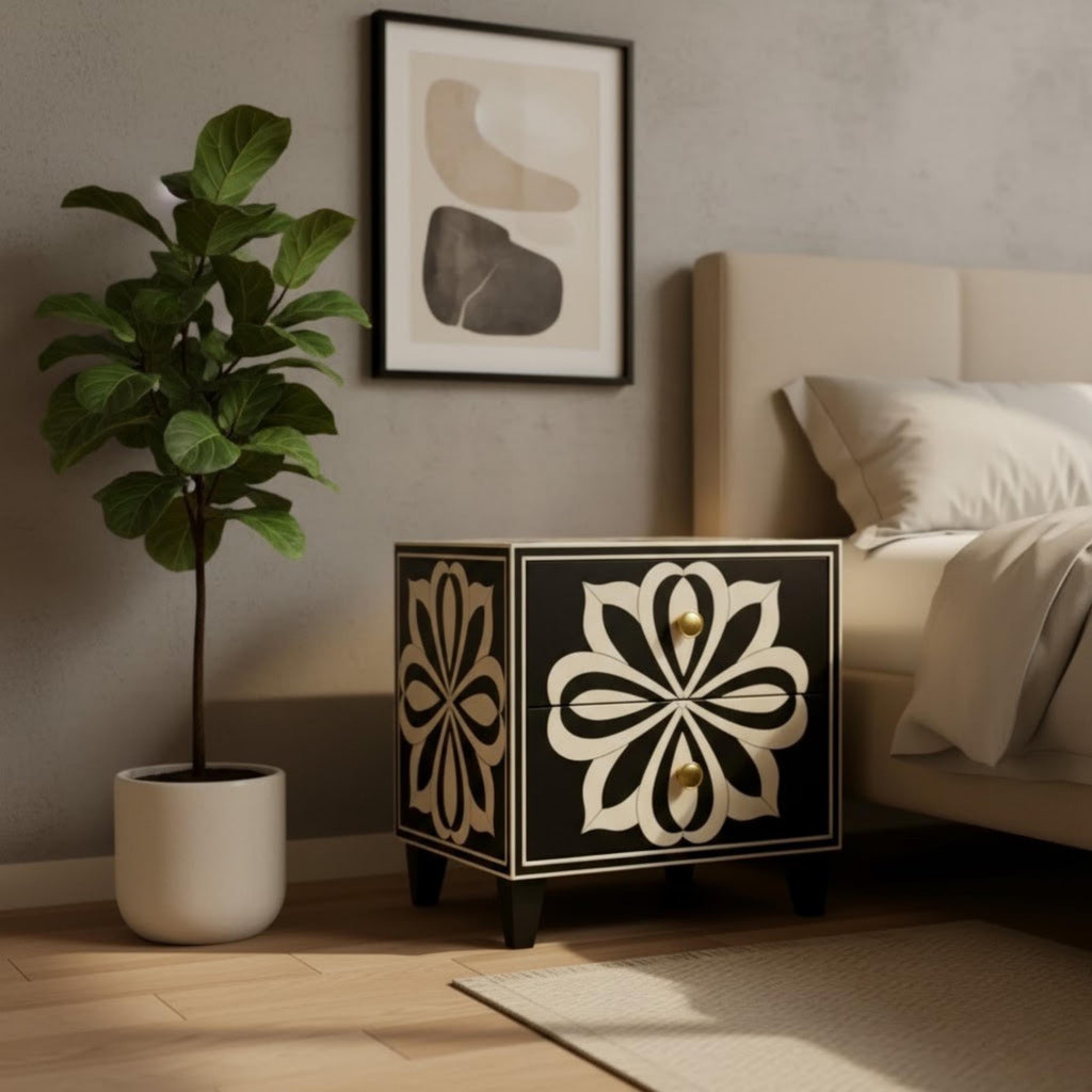 Blue Resin Inlay Bedside Table | Handmade Floral Nightstand | Premium Indian Accent Table for Home Decor