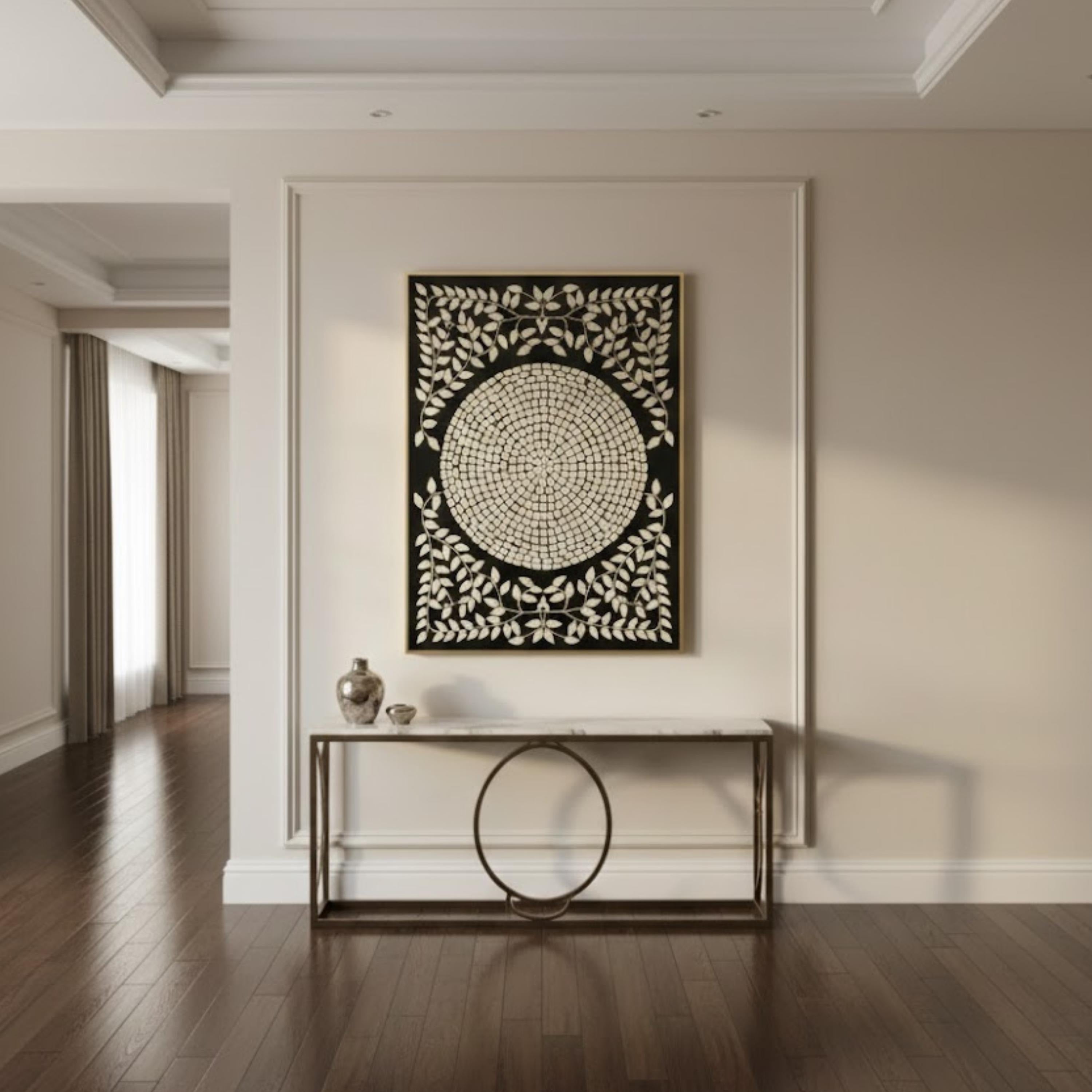 Bone Inlay Black & White Wall Art | Handmade Resin Leaf Mandala Panel for Modern, Boho & Minimalist Home Decoration