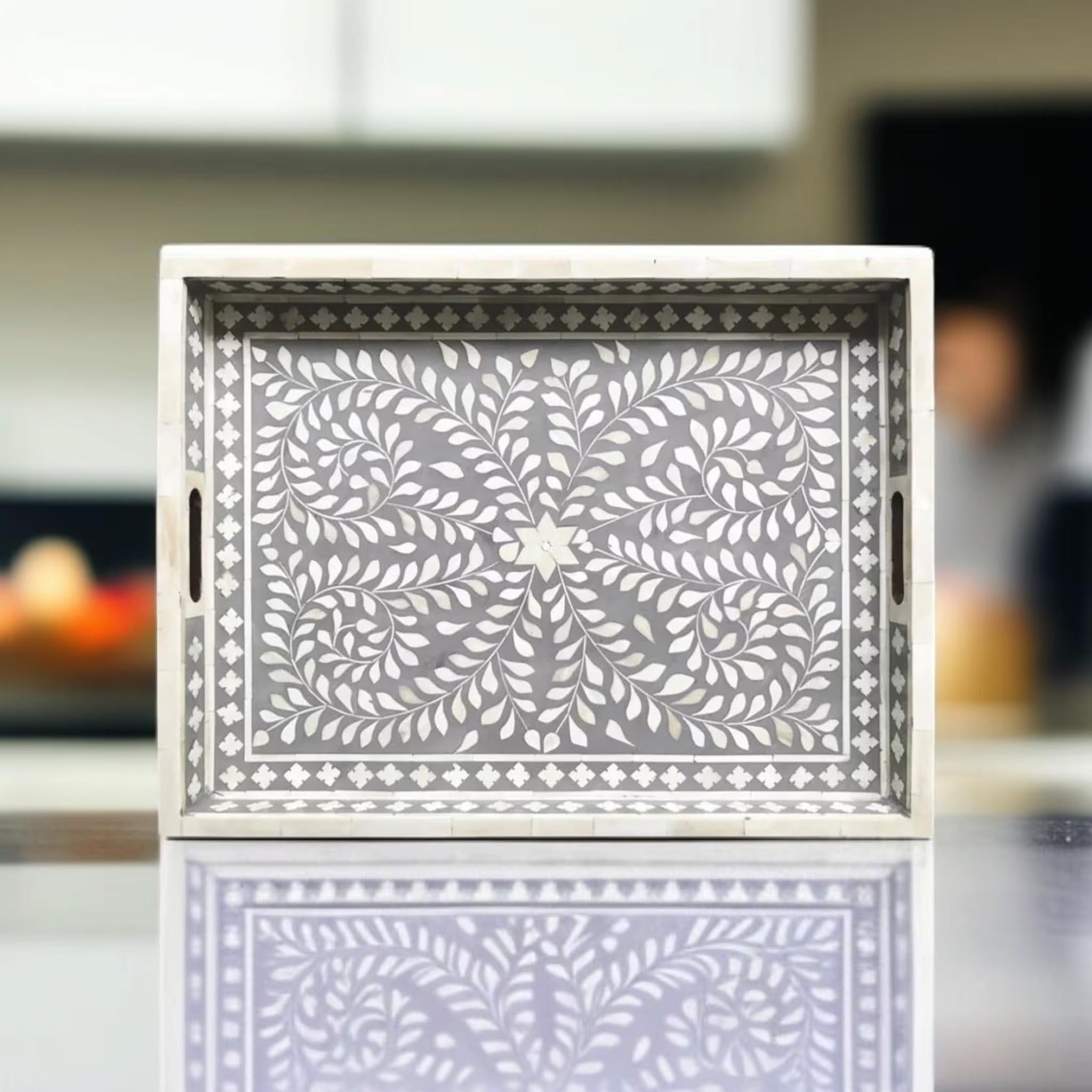 Handmade Black & White Floral Bone Inlay Resin Tray | Stylish Decorative Serving Tray for Home, Kitchen & Living Room