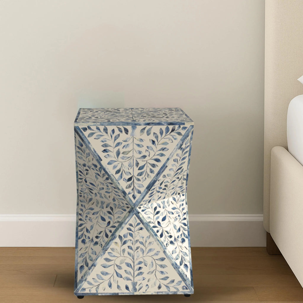 Blue Bone Inlay End Table | Floral Resin Accent Table | Handmade Decorative Side Table for Living Room & Bedroom