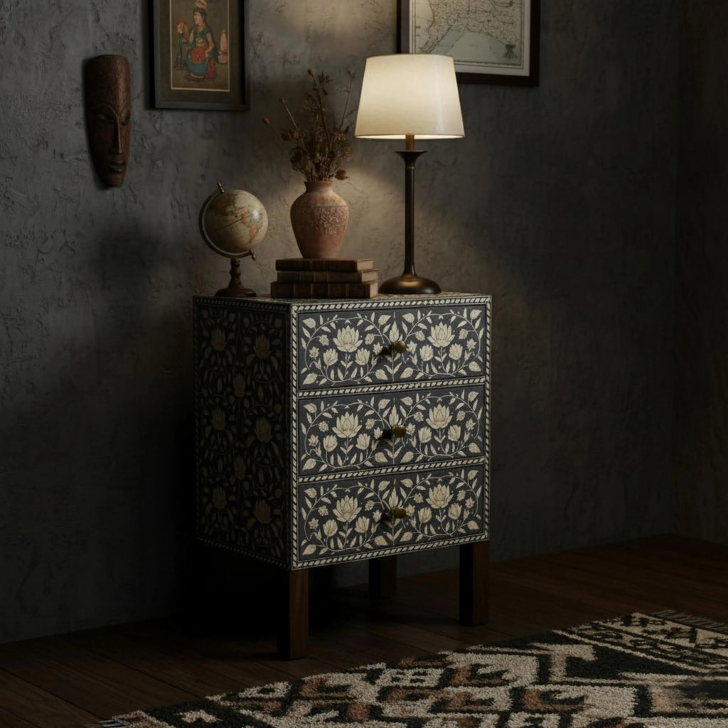 Floral Resin Black Bone Inlay Nightstand | Handmade Bedside Table | Elegant Accent Table for Bedroom & Living Room