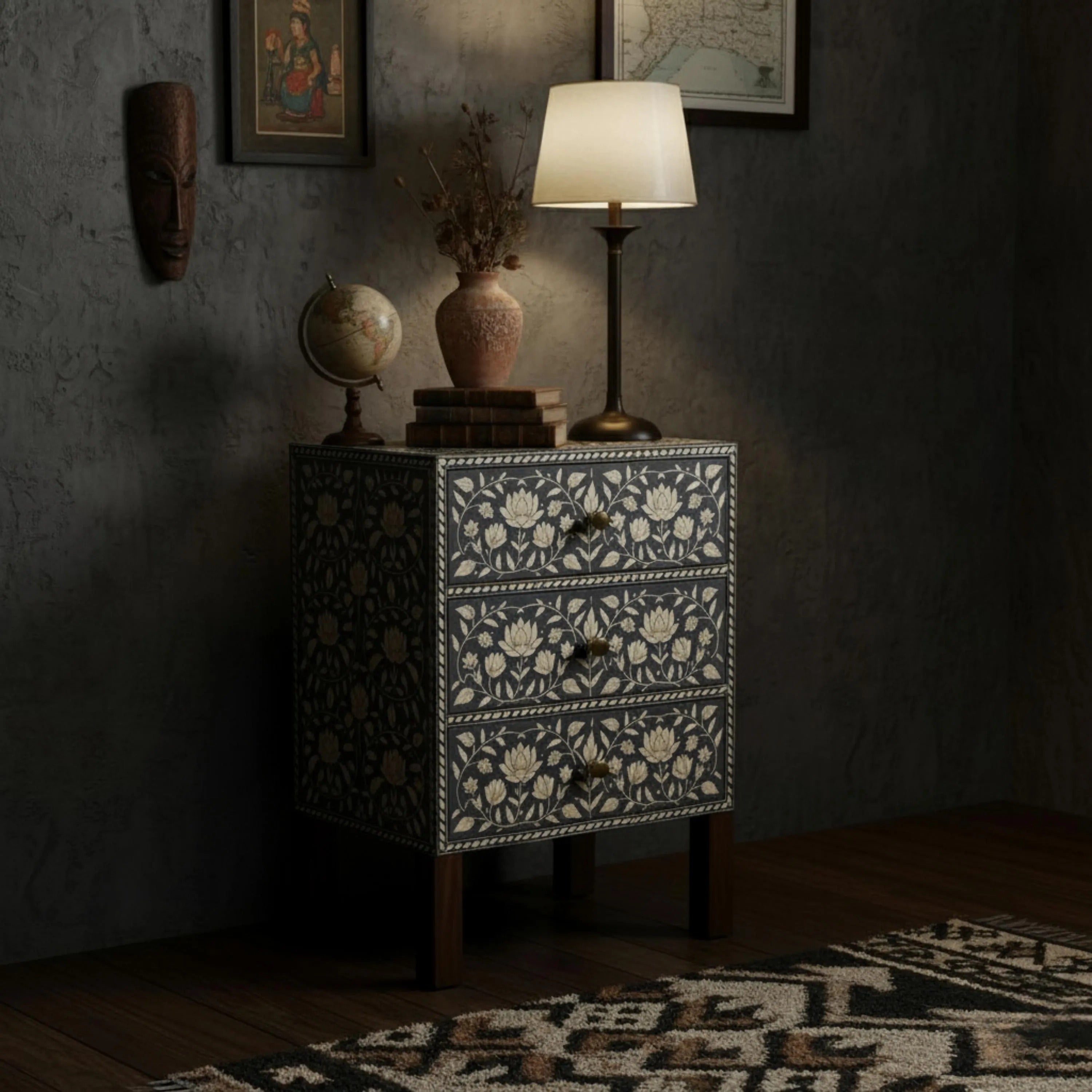 Floral Resin Black Bone Inlay Nightstand | Handmade Bedside Table | Elegant Accent Table for Bedroom & Living Room