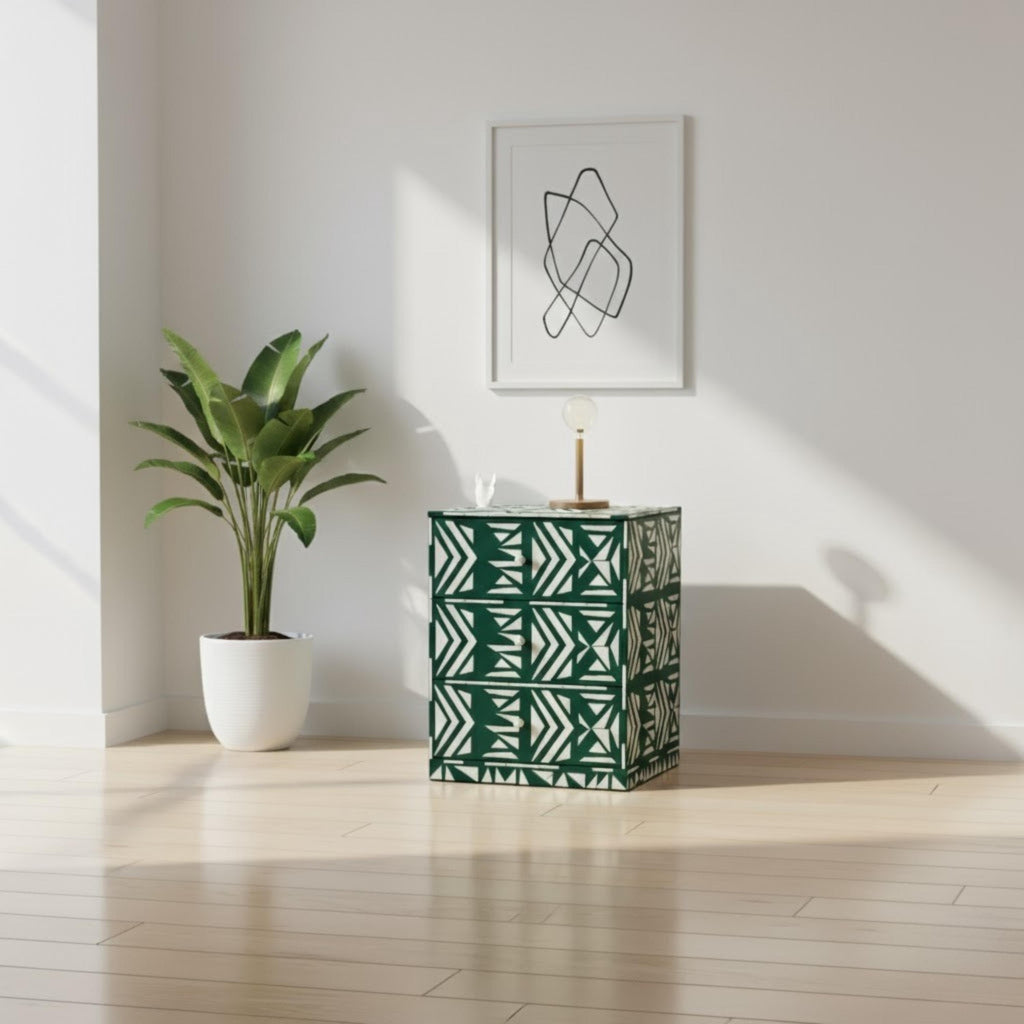 Black & White Tribal Bone Inlay Nightstand | Handmade Bedside Table | Elegant Accent Table for Bedroom & Living Room