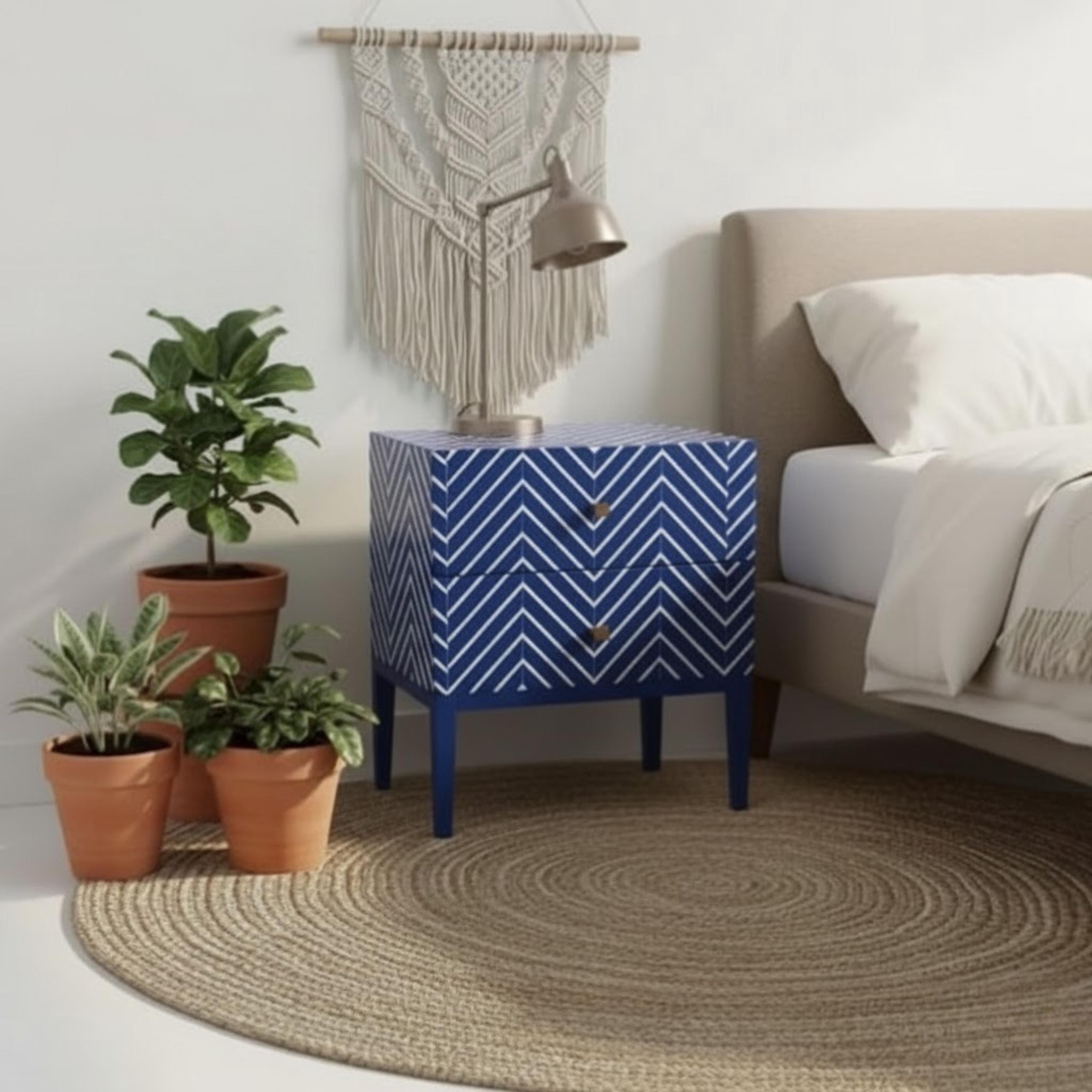 Green Bone Inlay Nightstand | Chevron Bedside Table | Handmade Decorative Accent Table for Bedroom & Living Room