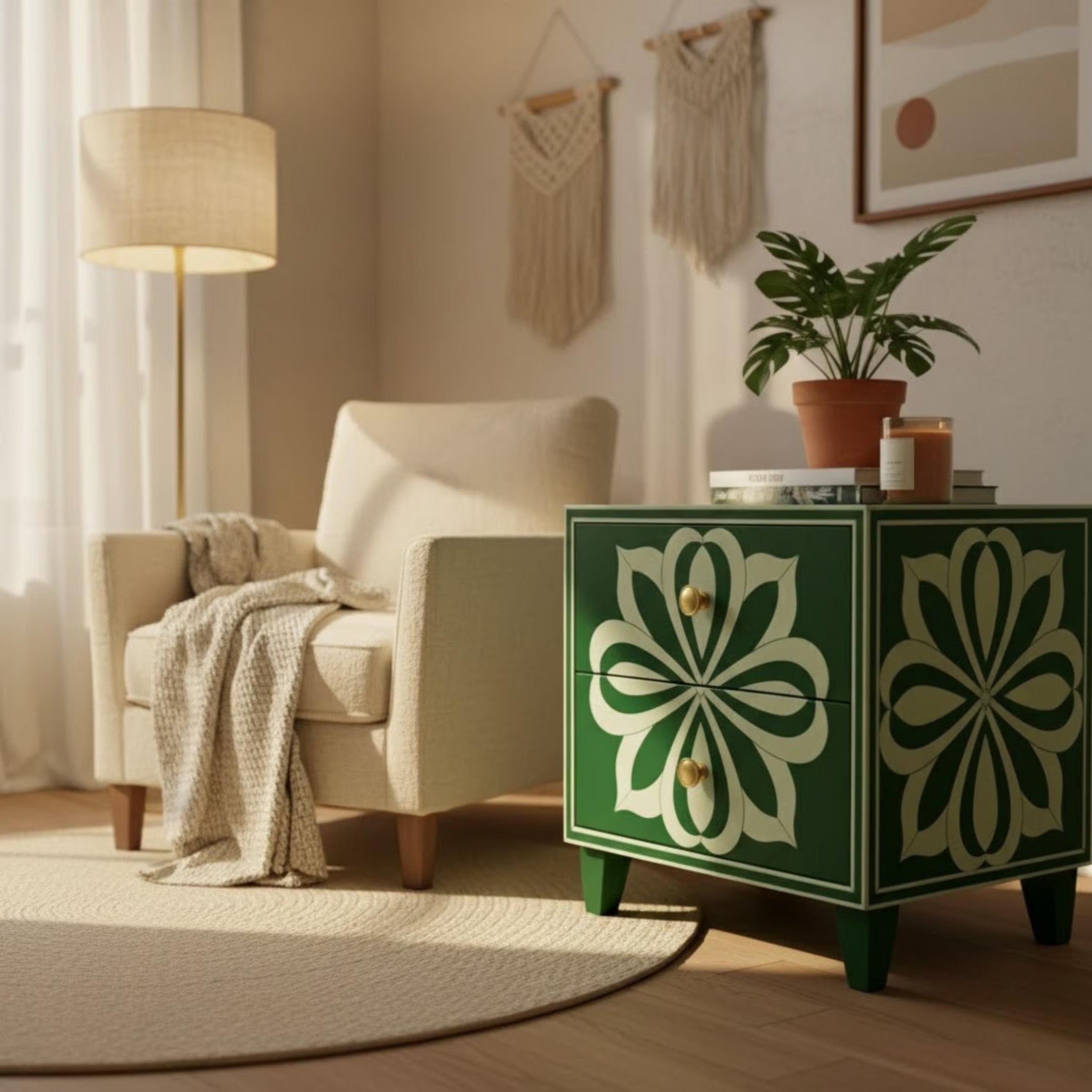 Blue Resin Inlay Bedside Table | Handmade Floral Nightstand | Premium Indian Accent Table for Home Decor