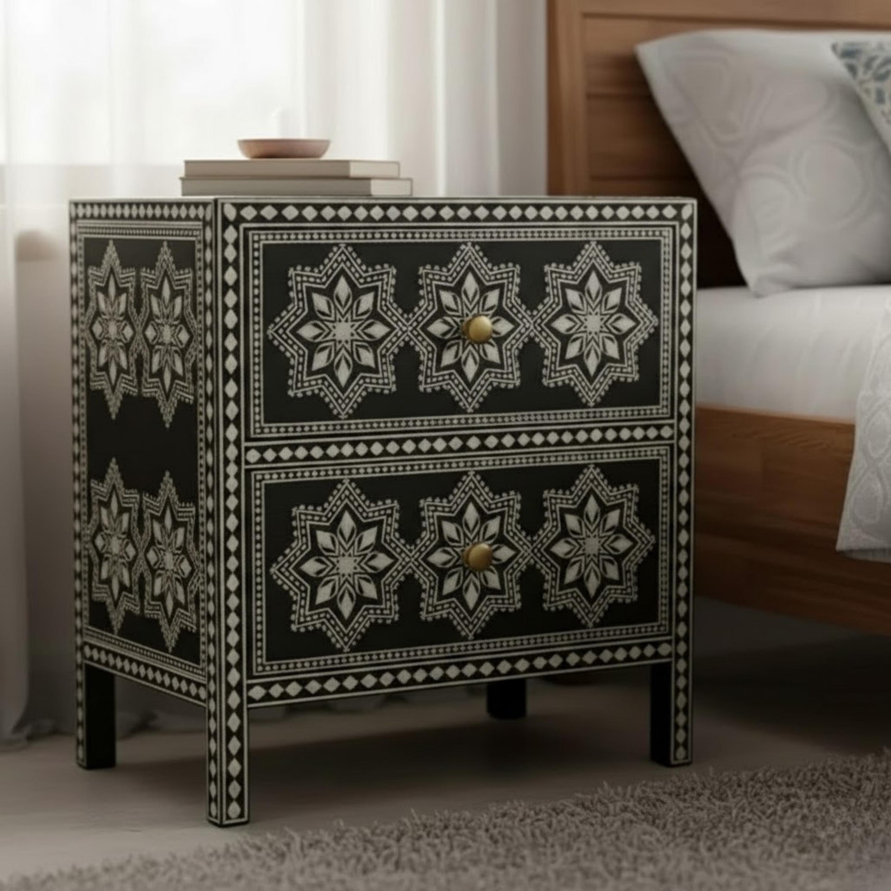 Handmade Black Bone Inlay Nightstand | Star Pattern Bedside End Table | Elegant Indian Home Decor Furniture