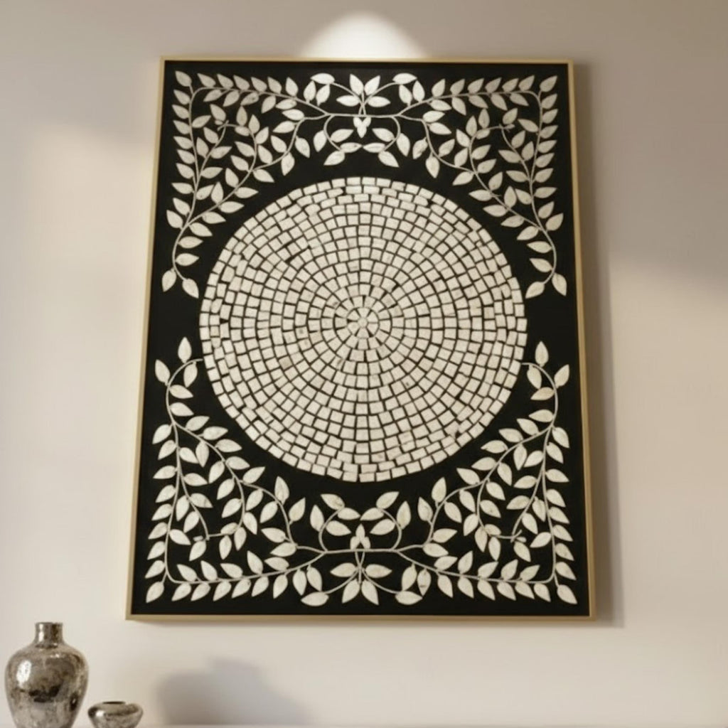Bone Inlay Black & White Wall Art | Handmade Resin Leaf Mandala Panel for Modern, Boho & Minimalist Home Decoration