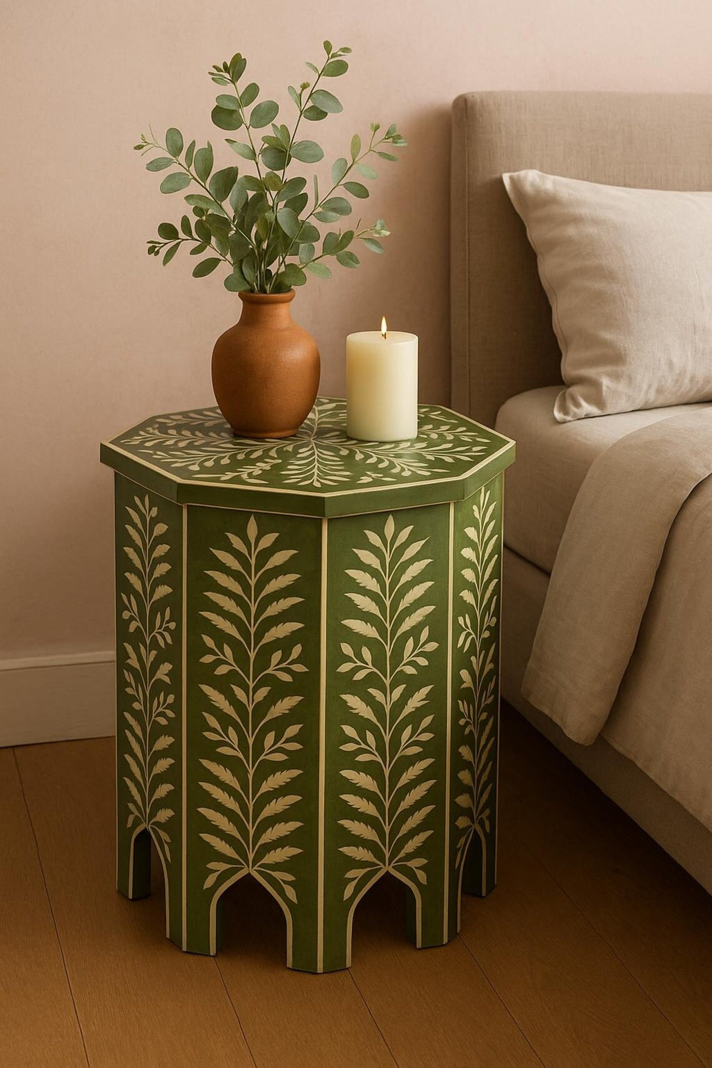 Green Bone Inlay Accent Table | Handmade Geometric Resin End Table | Modern Living Room & Bedroom