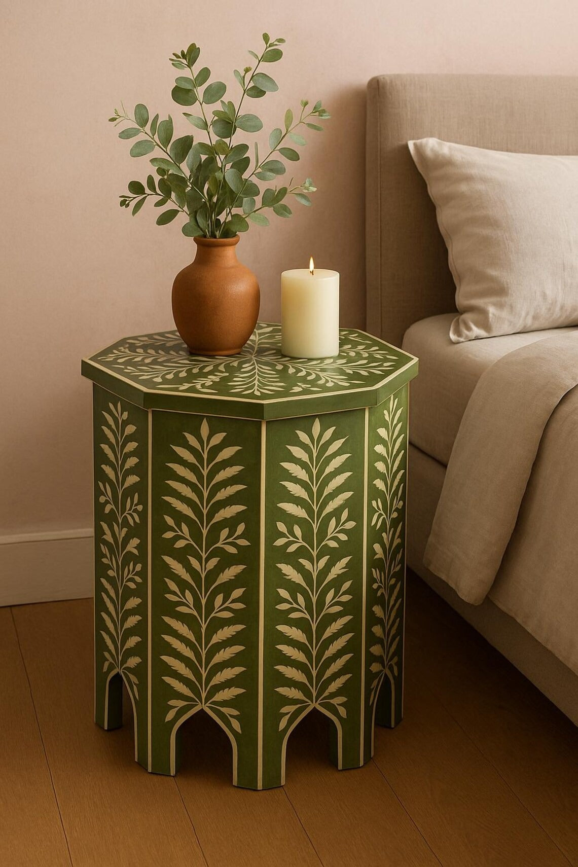 Green Bone Inlay Accent Table | Handmade Geometric Resin End Table | Modern Living Room & Bedroom