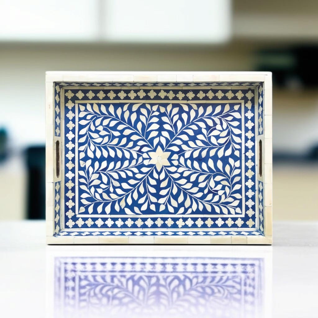 Handmade Black & White Floral Bone Inlay Resin Tray | Stylish Decorative Serving Tray for Home, Kitchen & Living Room