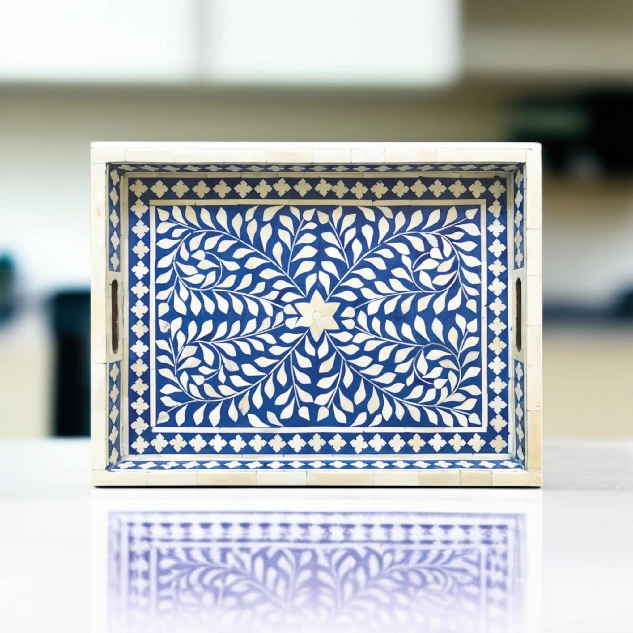 Handmade Black & White Floral Bone Inlay Resin Tray | Stylish Decorative Serving Tray for Home, Kitchen & Living Room