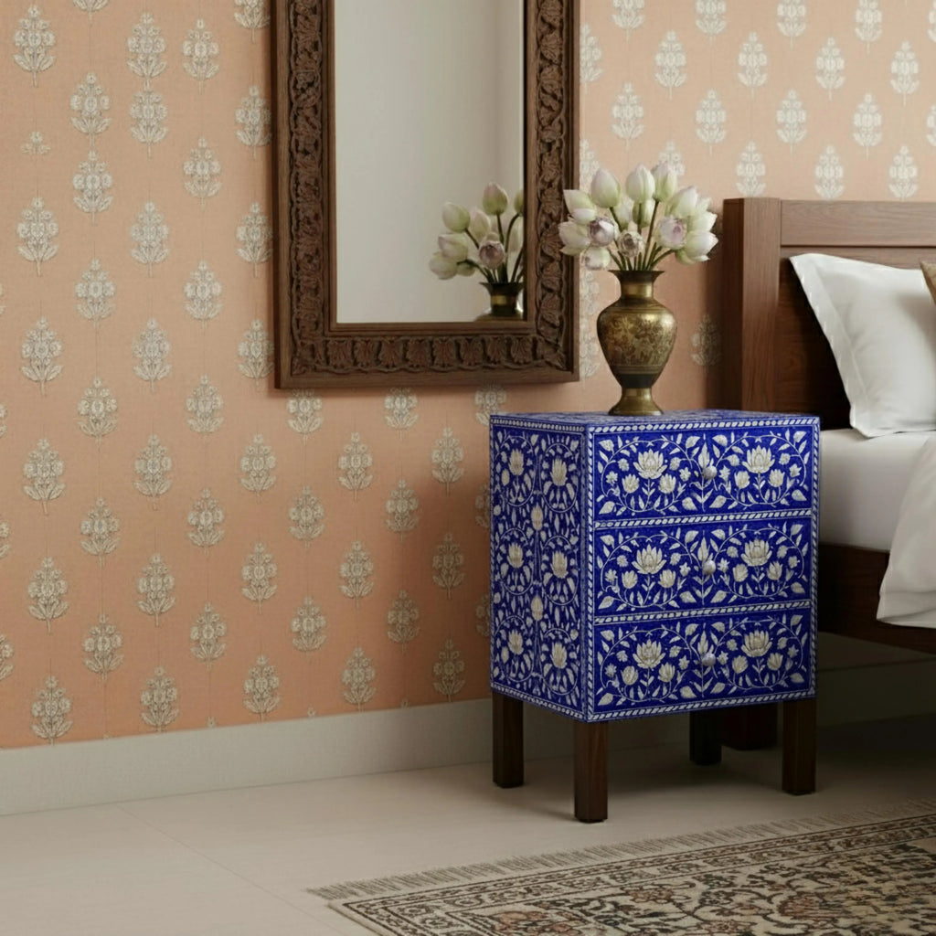 Floral Resin Black Bone Inlay Nightstand | Handmade Bedside Table | Elegant Accent Table for Bedroom & Living Room