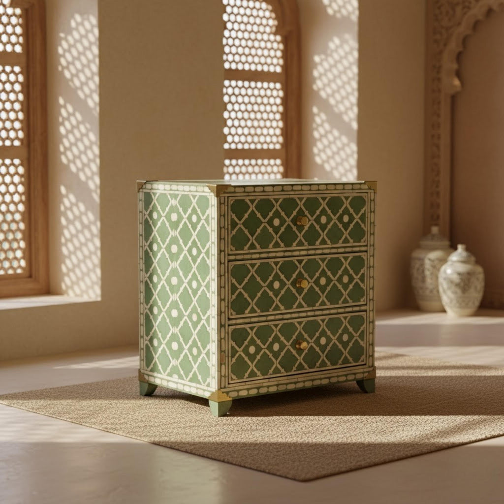 Blue Bone Inlay Nightstand | Moroccan Quatrefoil Bedside Table | Handmade Decorative Accent Table for Bedroom & Living Room