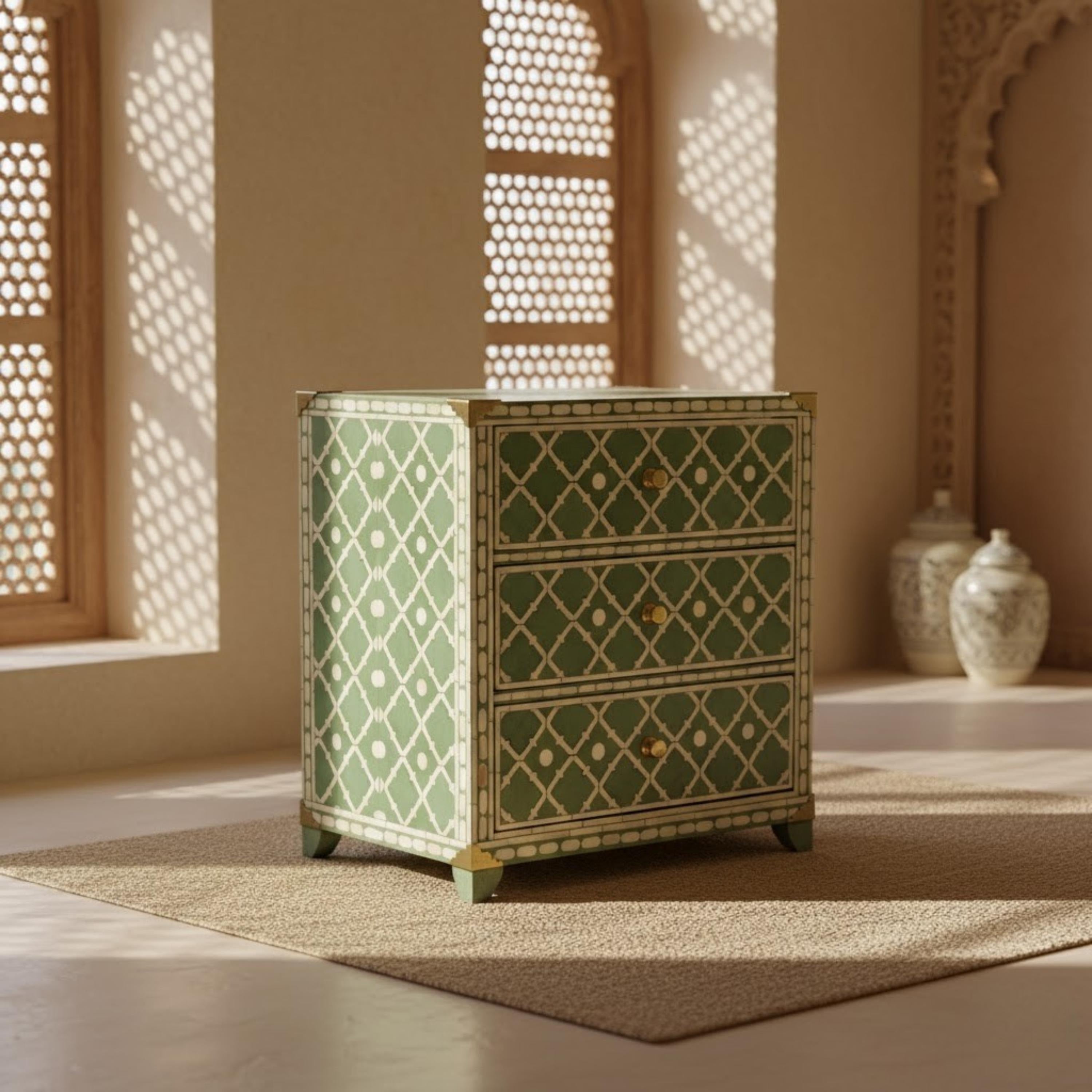 Blue Bone Inlay Nightstand | Moroccan Quatrefoil Bedside Table | Handmade Decorative Accent Table for Bedroom & Living Room