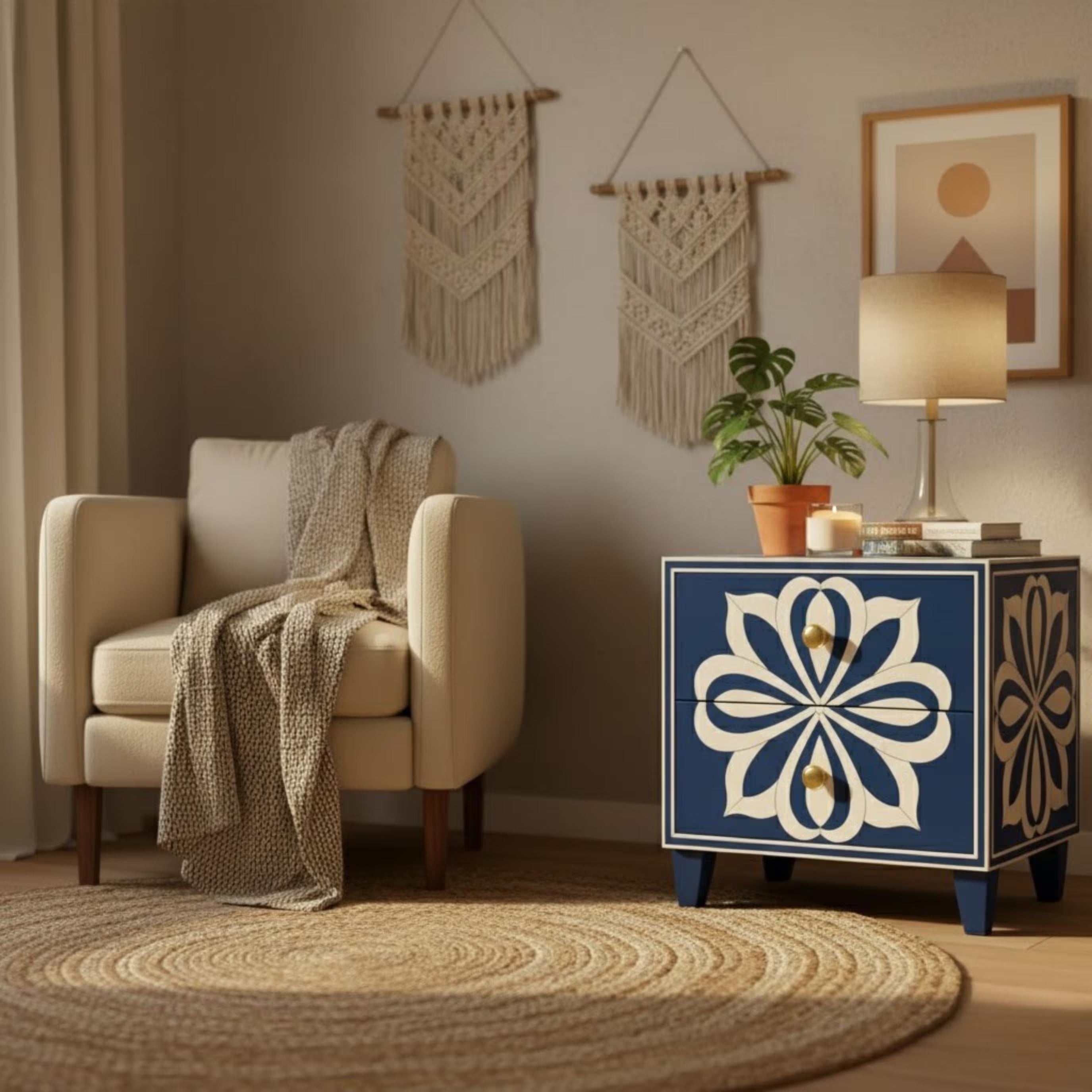 Blue Resin Inlay Bedside Table | Handmade Floral Nightstand | Premium Indian Accent Table for Home Decor