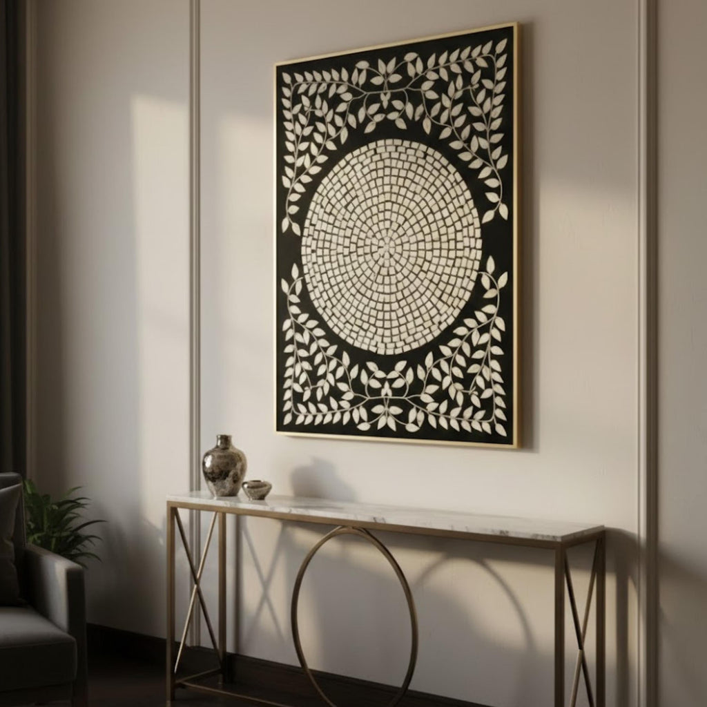 Bone Inlay Black & White Wall Art | Handmade Resin Leaf Mandala Panel for Modern, Boho & Minimalist Home Decoration