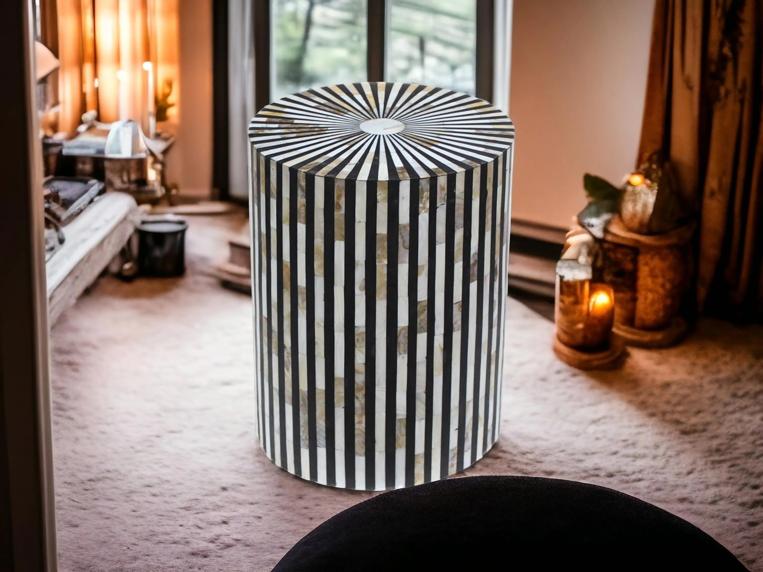 Handmade Bone Inlay End Table | Mother of Pearl Modern Side Table | Stylish Decorative Furniture for Home Décor