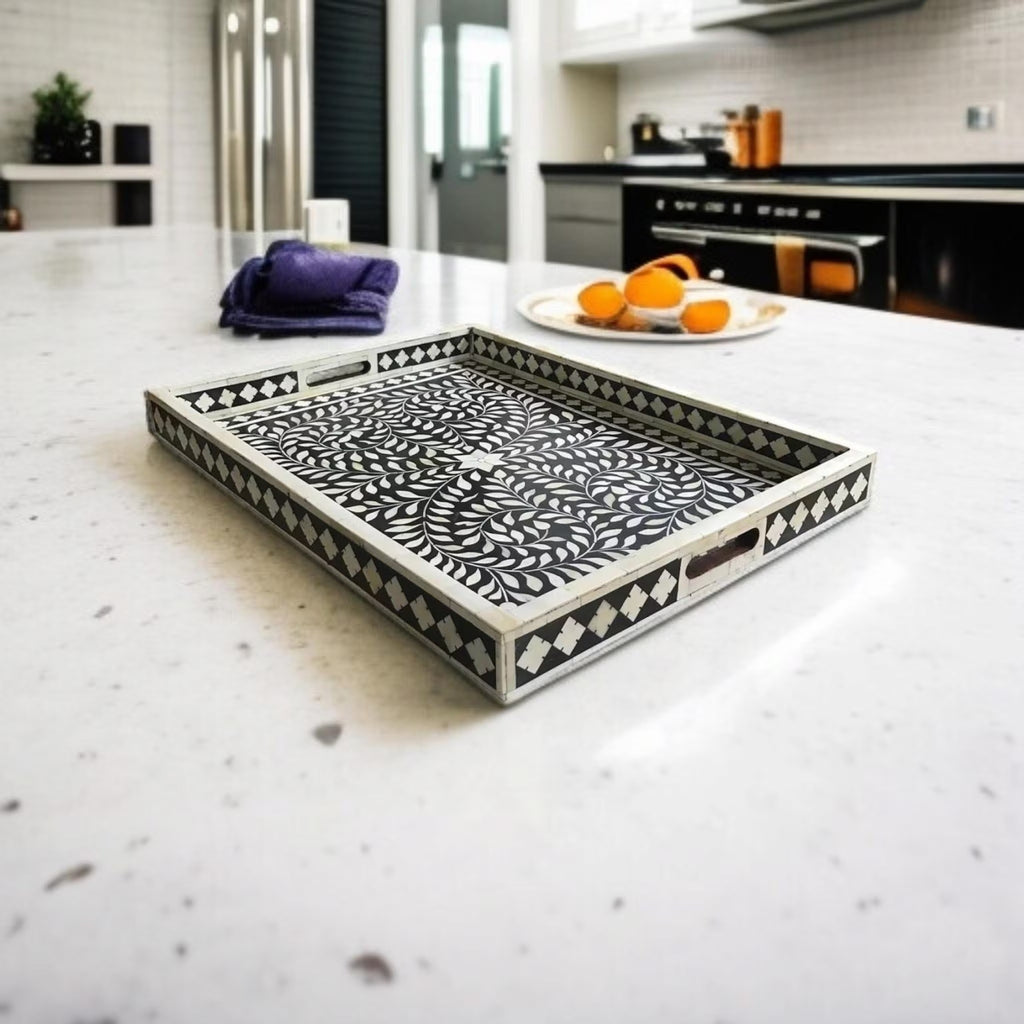 Handmade Black & White Floral Bone Inlay Resin Tray | Stylish Decorative Serving Tray for Home, Kitchen & Living Room