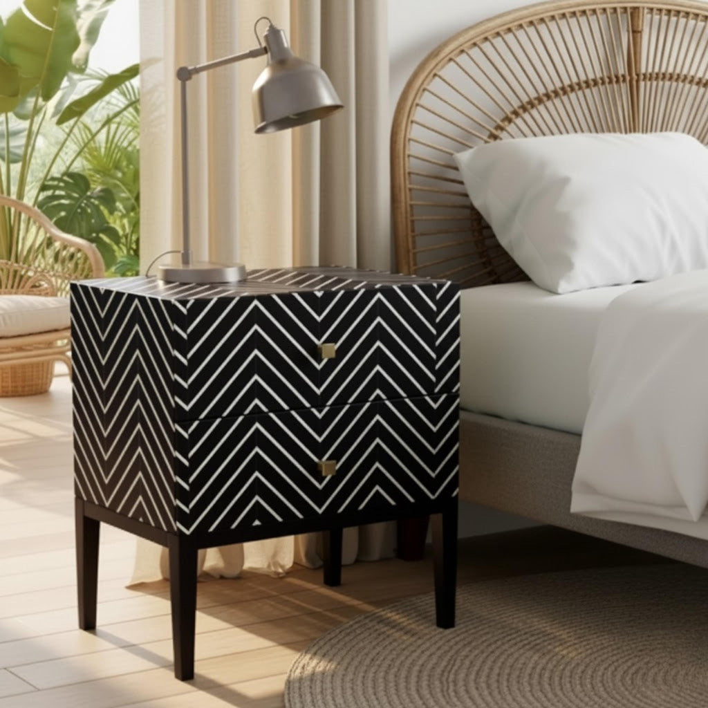 Green Bone Inlay Nightstand | Chevron Bedside Table | Handmade Decorative Accent Table for Bedroom & Living Room