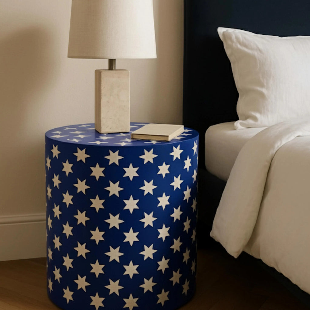 Blue Resin & Bone Inlay Star End Table | Handmade Decorative Accent Table for Living Room & Bedroom