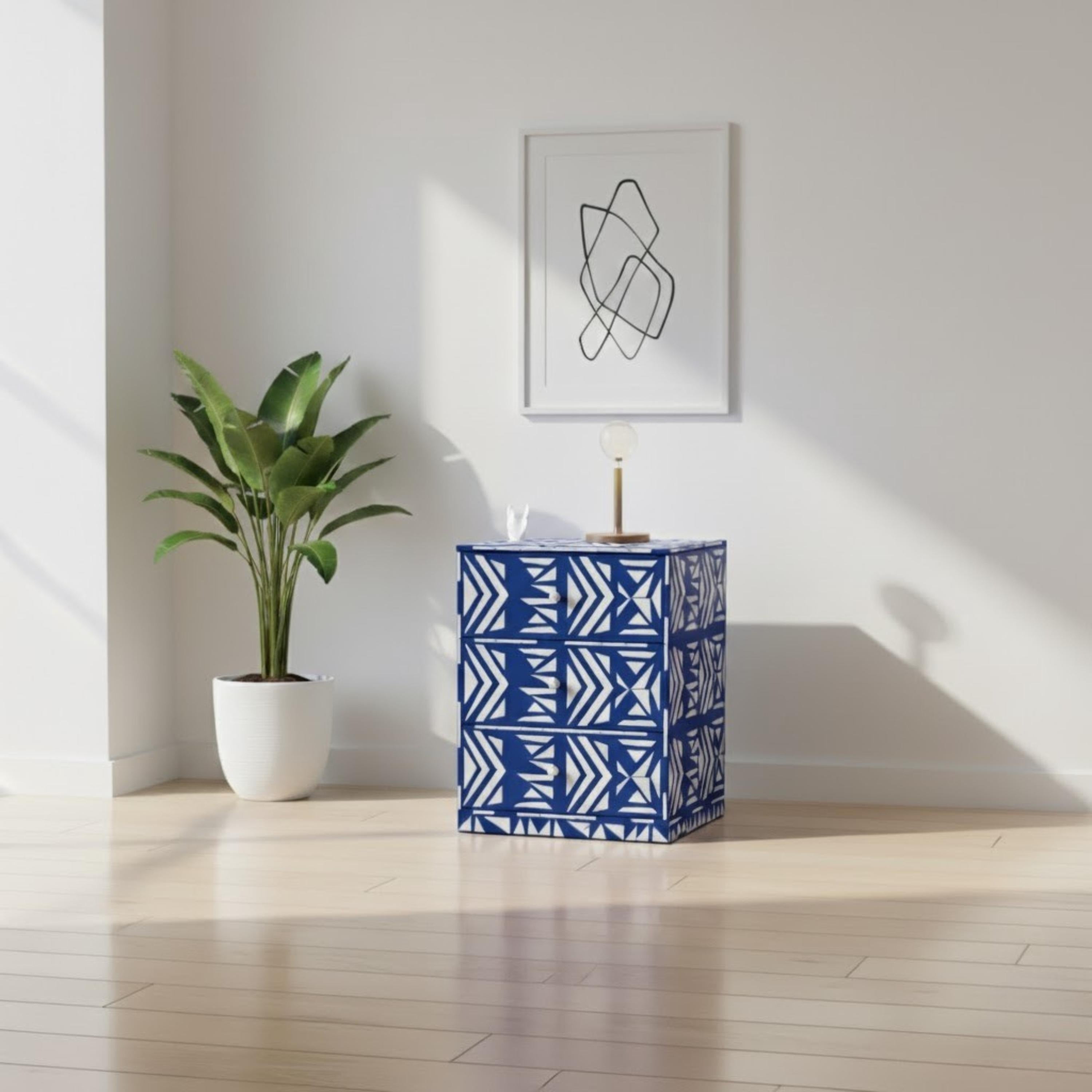 Black & White Tribal Bone Inlay Nightstand | Handmade Bedside Table | Elegant Accent Table for Bedroom & Living Room
